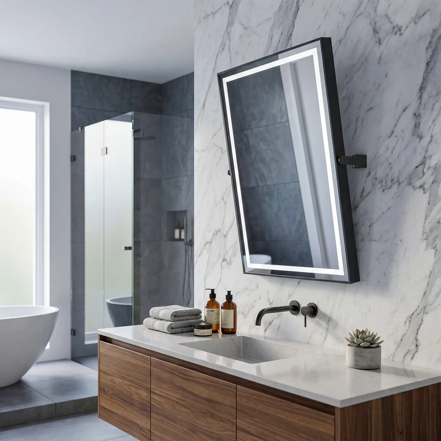 Kalista 24"x32" Pivot Mirror with High-Performance LED Lighting – Modern Luxury Bathroom Decor
