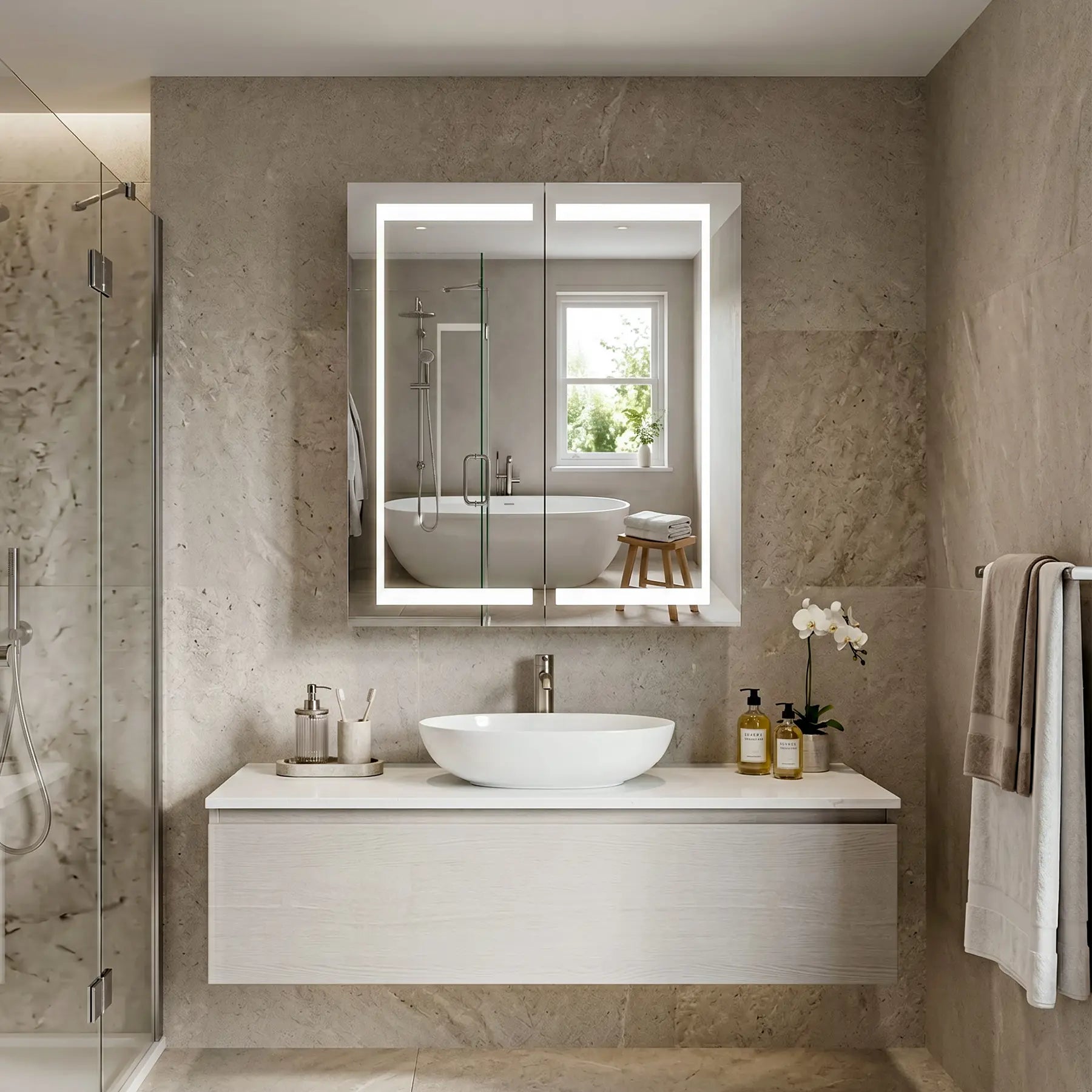 Modern bathroom with a vanity, Dreamwerks Glenn led medicine cabinet 24 by 32 inch, and a shower area.