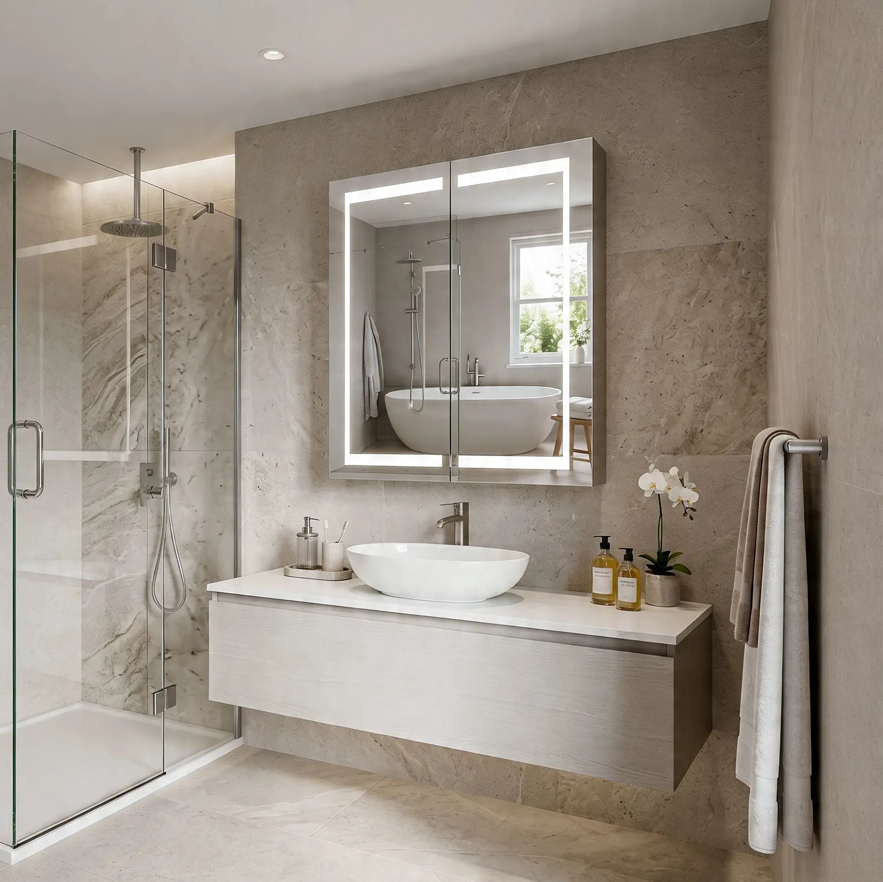 Modern bathroom with a vanity, Dreamwerks Glenn led medicine cabinet 24 by 32 inch, and a shower area.