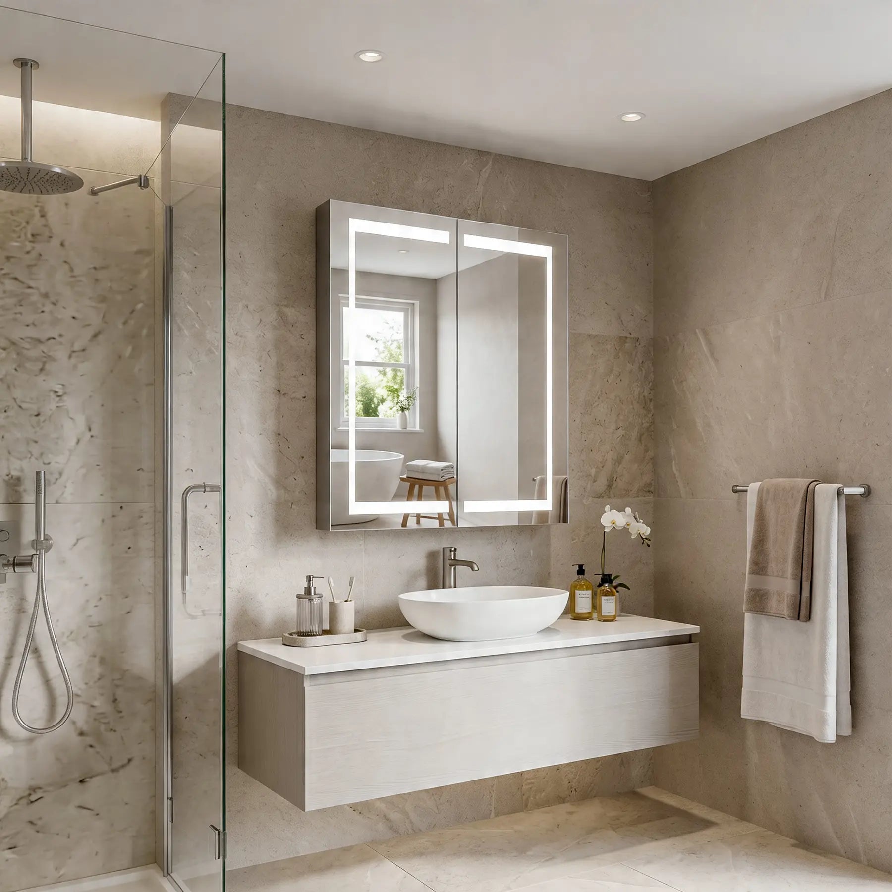 Modern bathroom with a vanity, Dreamwerks Glenn led medicine cabinet 24 by 32 inch, and a shower area.