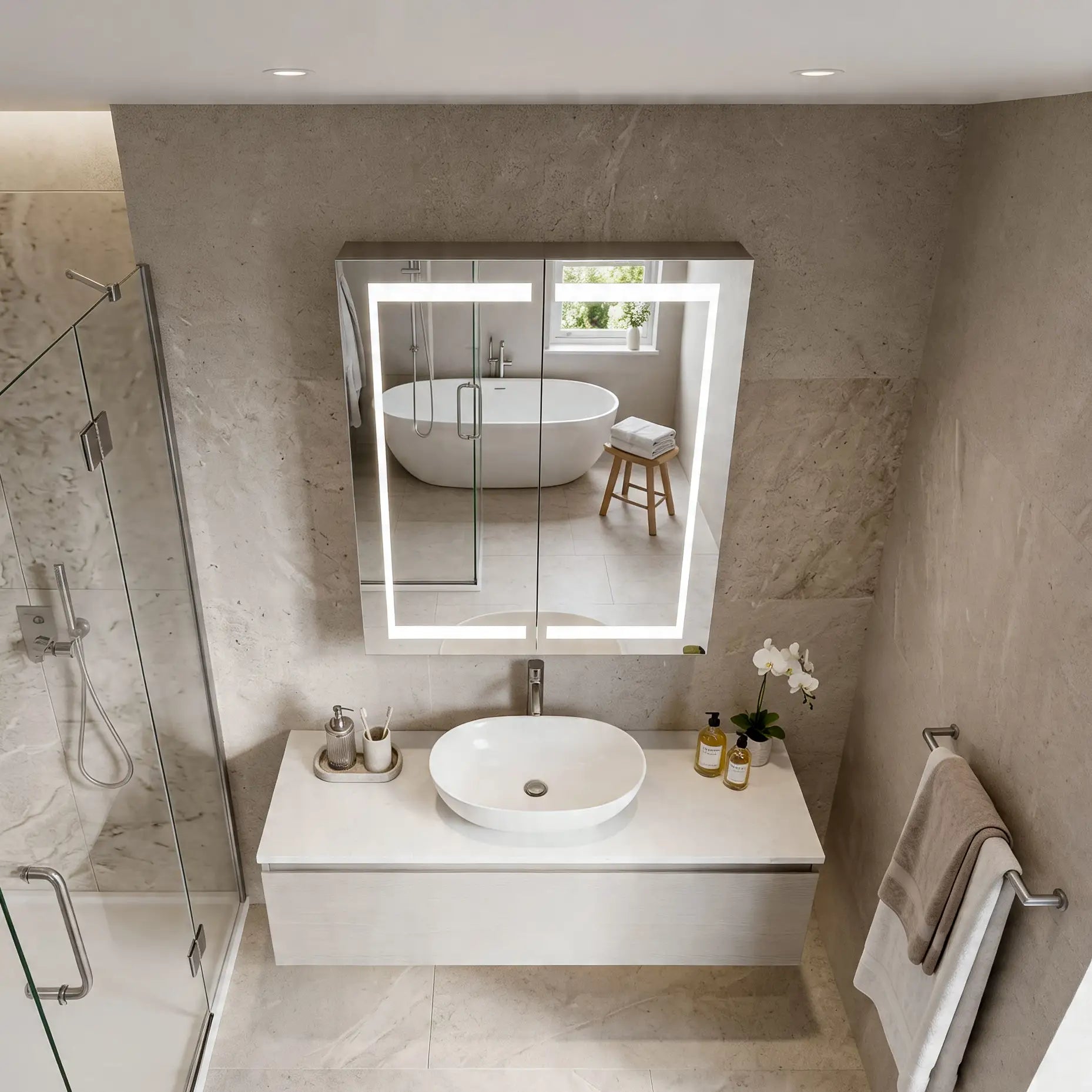 Modern bathroom with a vanity, Dreamwerks Glenn led medicine cabinet 24 by 32 inch, and a shower area.