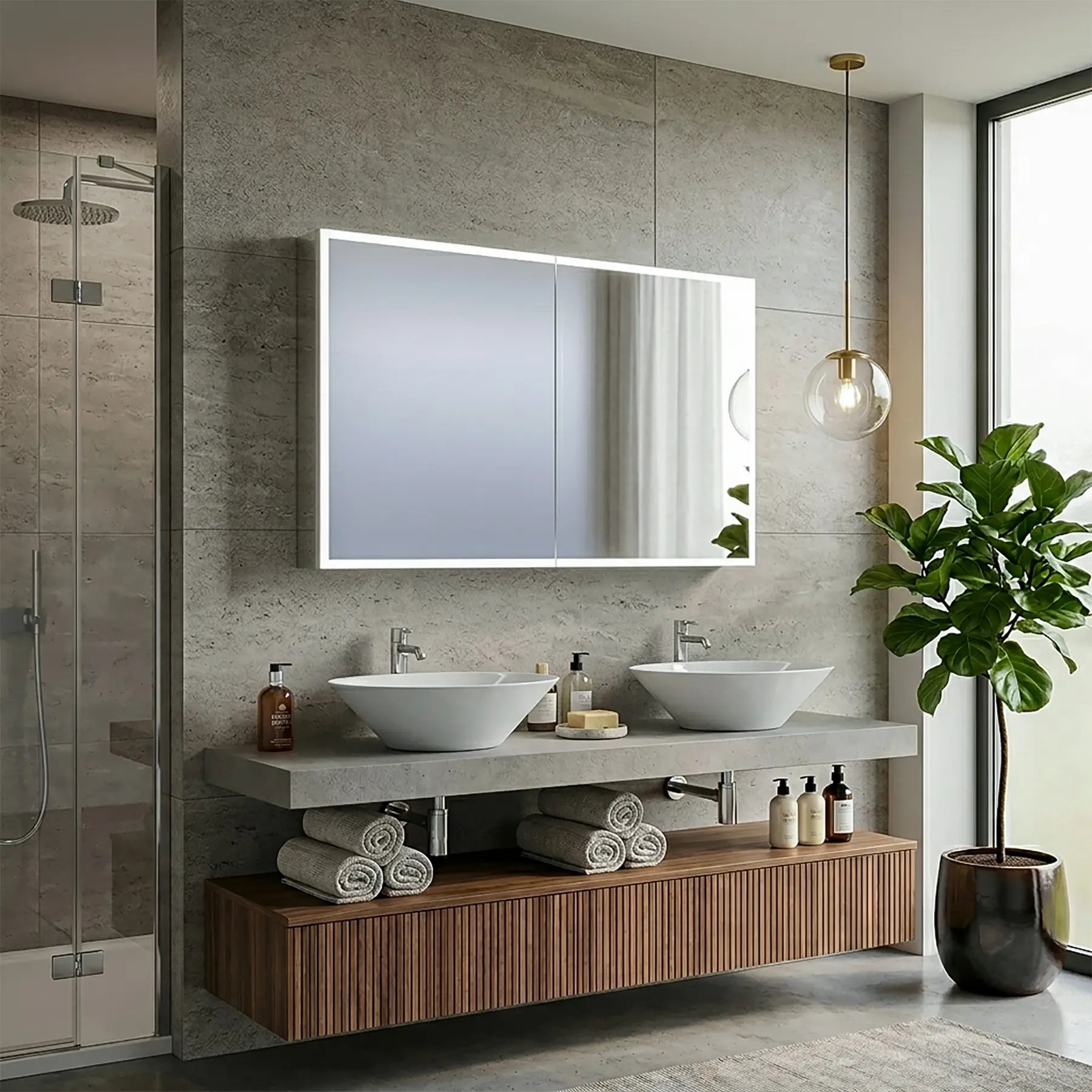 Modern bathroom with concrete walls, double sink vanity, and large Dhalia medicine cabinet.