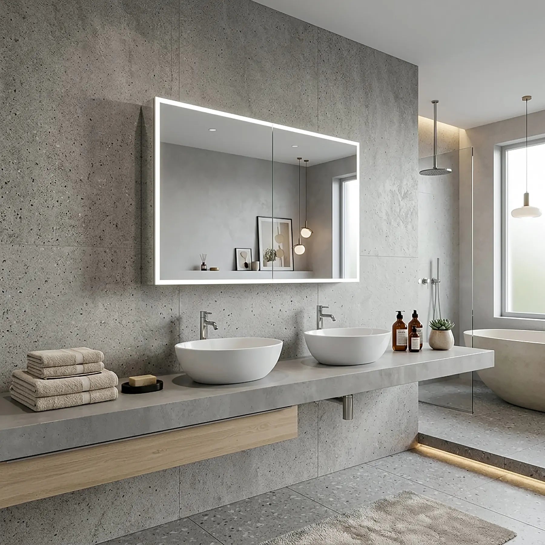 Modern bathroom with concrete walls, double sink vanity, and large Dhalia medicine cabinet.