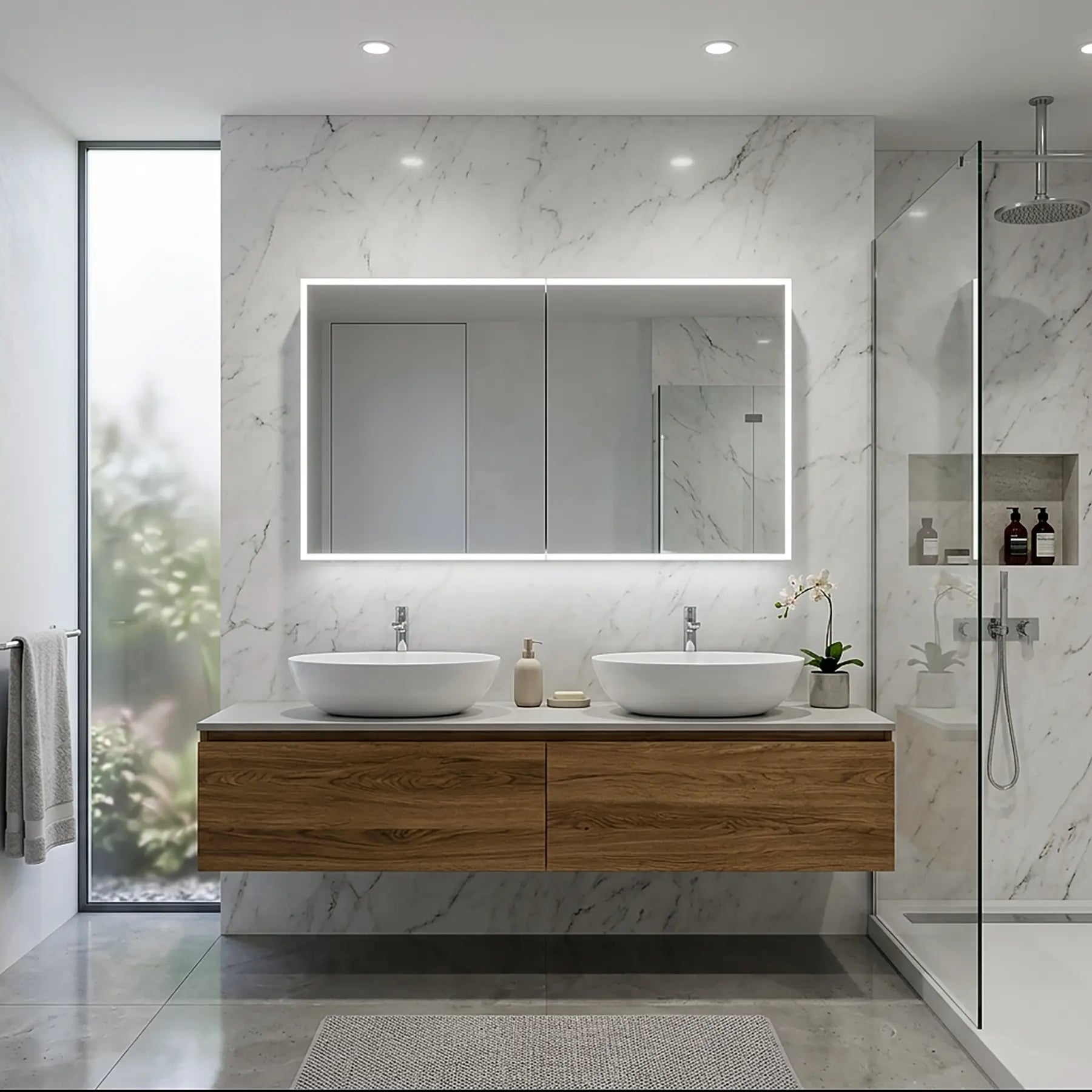 Modern bathroom with wooden vanity, marble walls, and a large mirror.