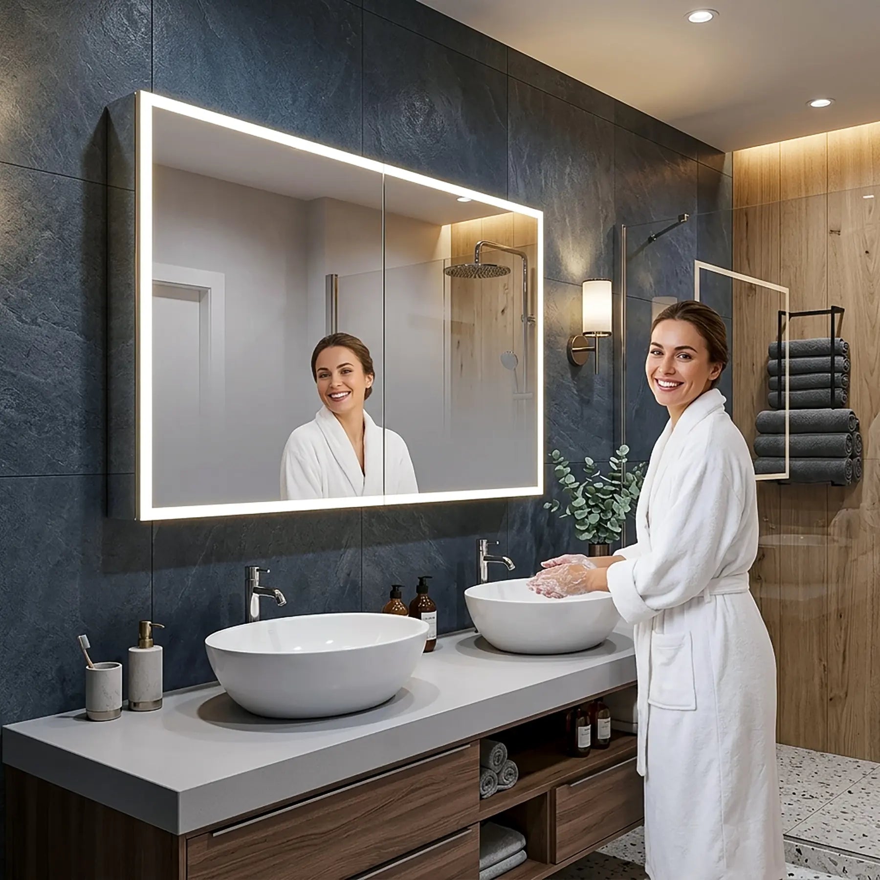 Woman in a white robe standing in front of a modern bathroom vanity with a large illuminated Dhalia medicine cabinet.