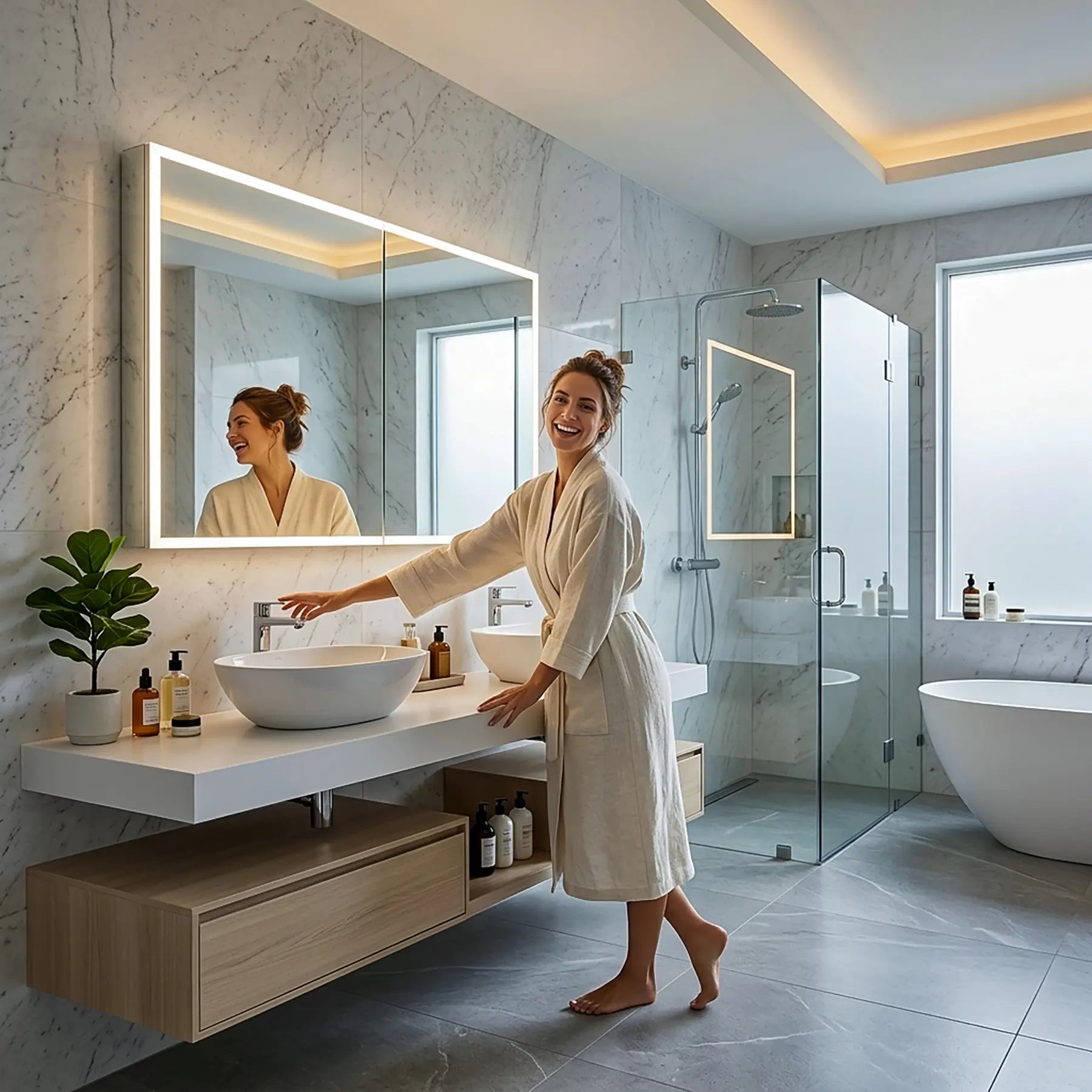 Woman in a bathrobe standing in a modern bathroom with a large Dhalia medicine cabinet and white fixtures.