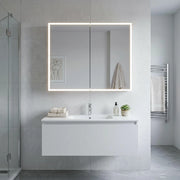 Modern bathroom with a double sink vanity and Dani 28"W X 28"H LED Medicine Cabinet with Mirrored Doors by Dreamwerks