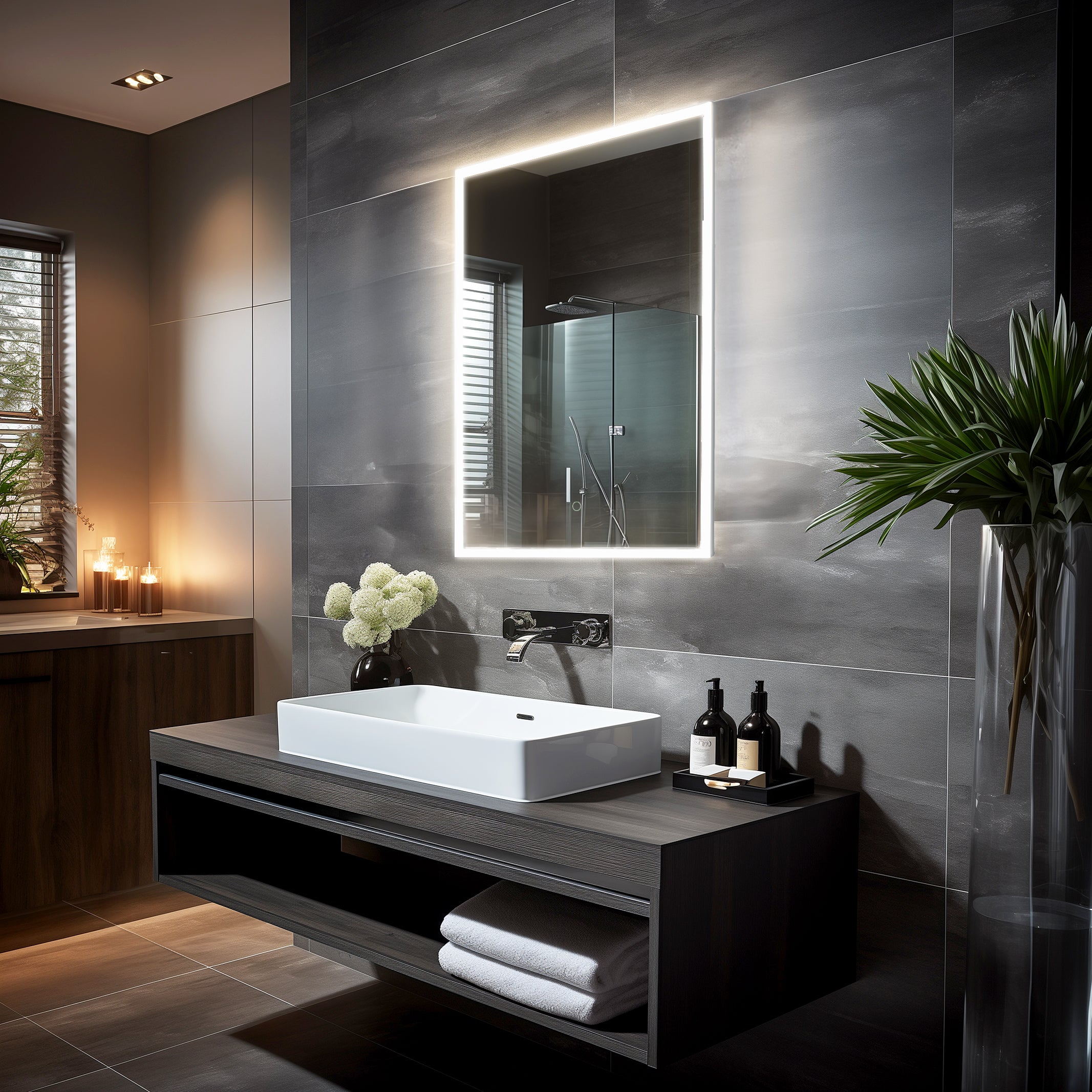 A modern minimalist bathroom interior featuring a sleek vanity with a rectangular basin, backlit mirror, and ambient LED lights, complemented by a serene view from the window.