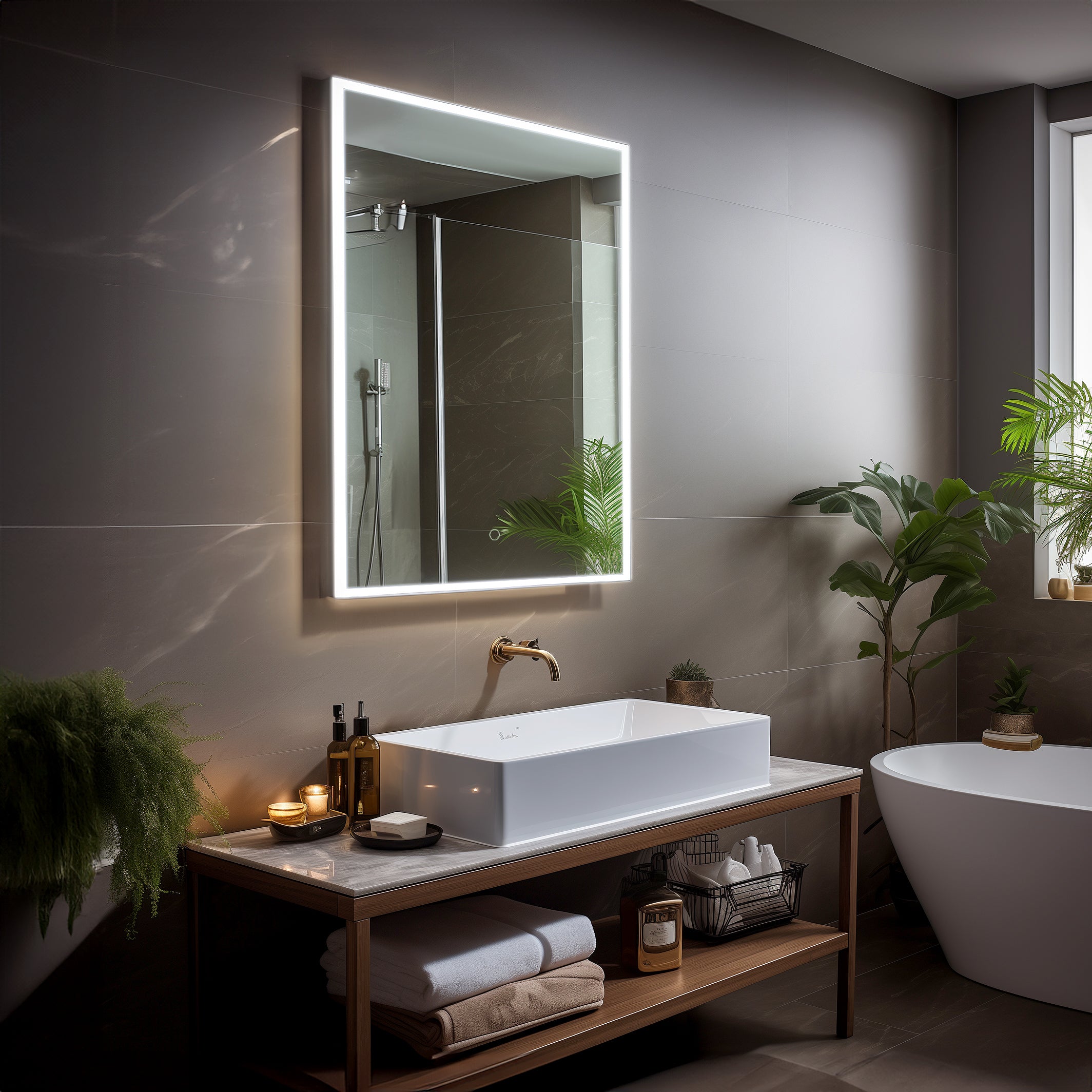 Modern bathroom interior with a backlit mirror above a sleek vanity, complete with neatly arranged towels and toiletries, and a touch of greenery for a contemporary vibe.