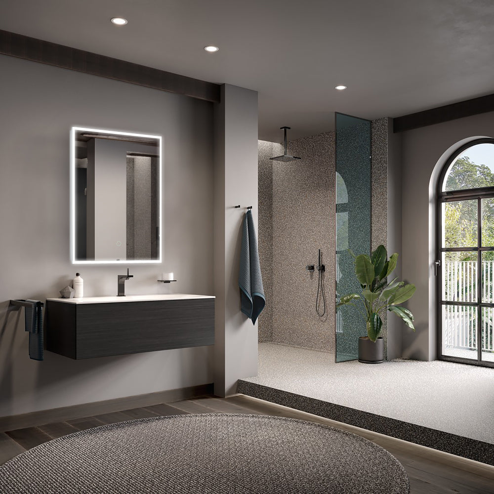 Modern bathroom interior with a sleek walk-in shower, floating vanity, and large, leafy plant adding a touch of nature. Contemporary vibe LED lights enhance the ambiance, creating a serene atmosphere.