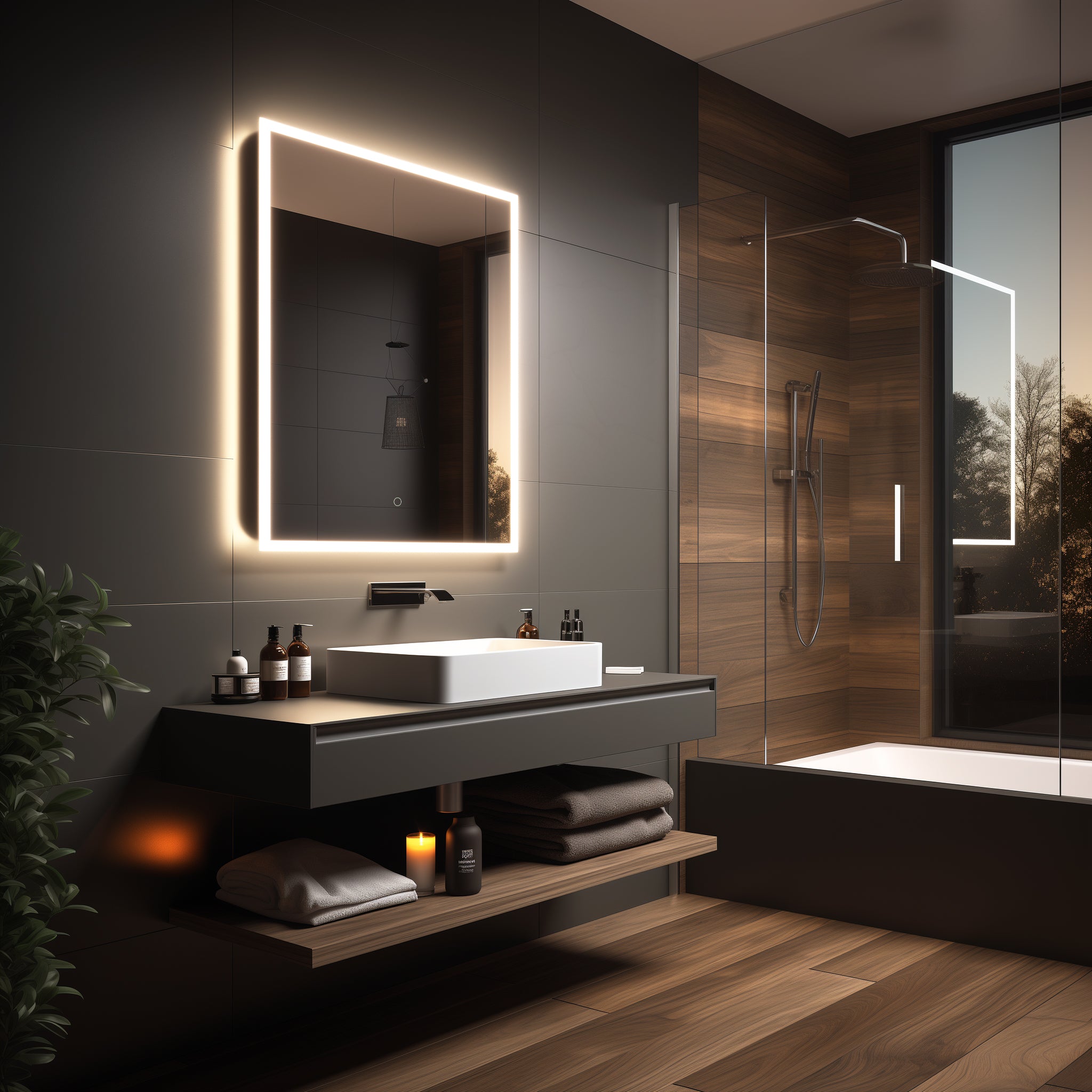 Modern bathroom with elegant ambient LED lights featuring a floating vanity, backlit mirror, spacious walk-in shower, and warm wood accents.