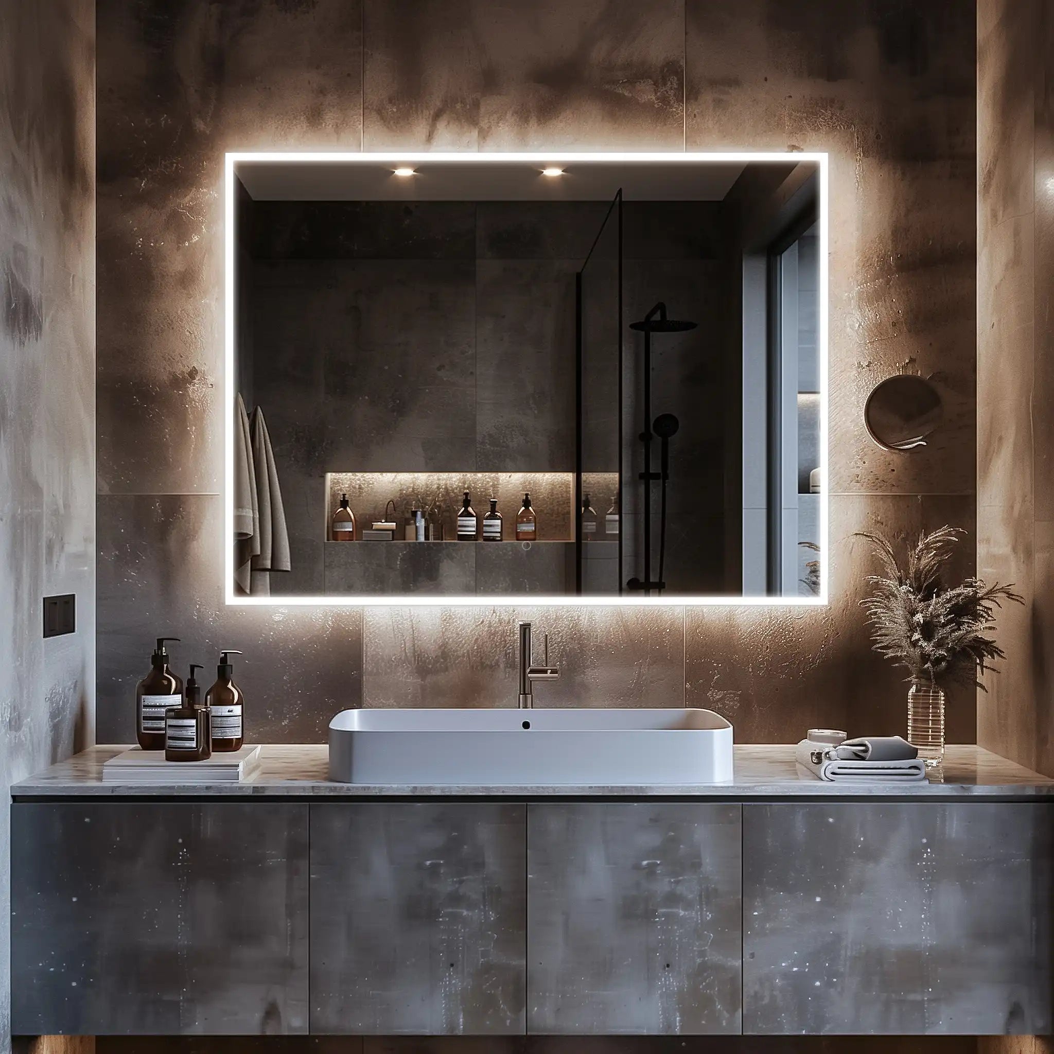 Modern bathroom vanity with a rectangular LED lighted mirror featuring a bright perimeter glow, a rectangular white vessel sink, and dark, textured wall tiles. The mirror reflects a shower area and a back-lit shelf in the wall.