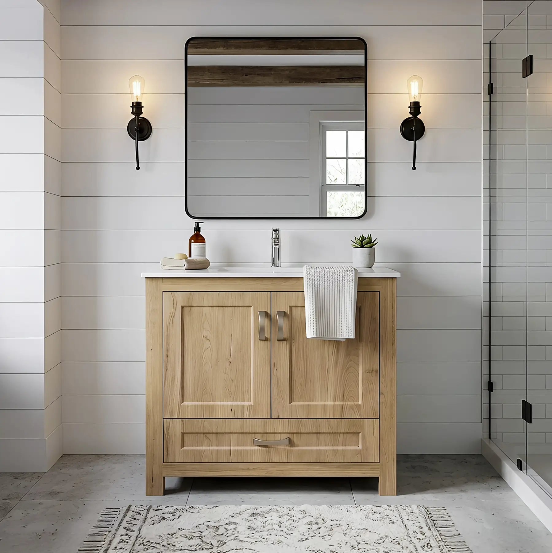 Livorno 30" W x 19" D x 33" H Vanity with White Ceramic Vanity Top in Woodgrain Finish