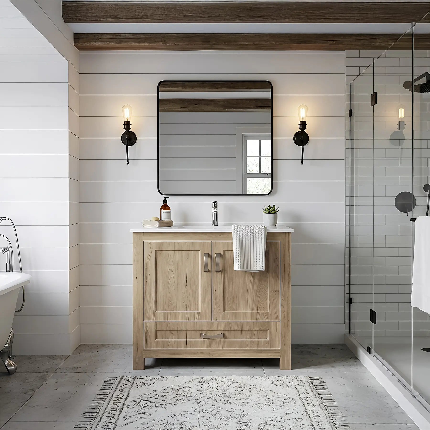 Bathroom with wooden vanity, mirror, and shower