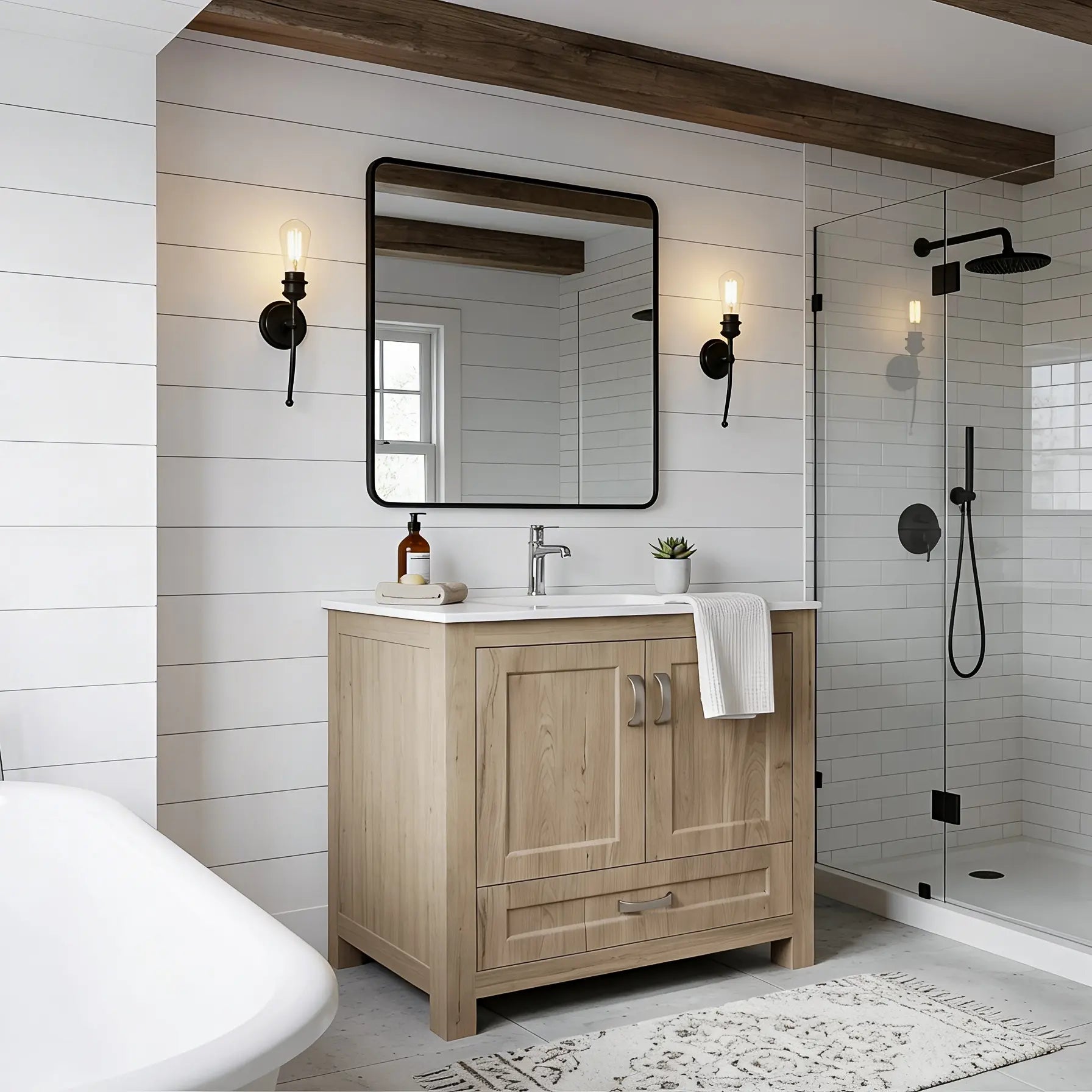 Bathroom with wooden vanity, mirror, and shower area.