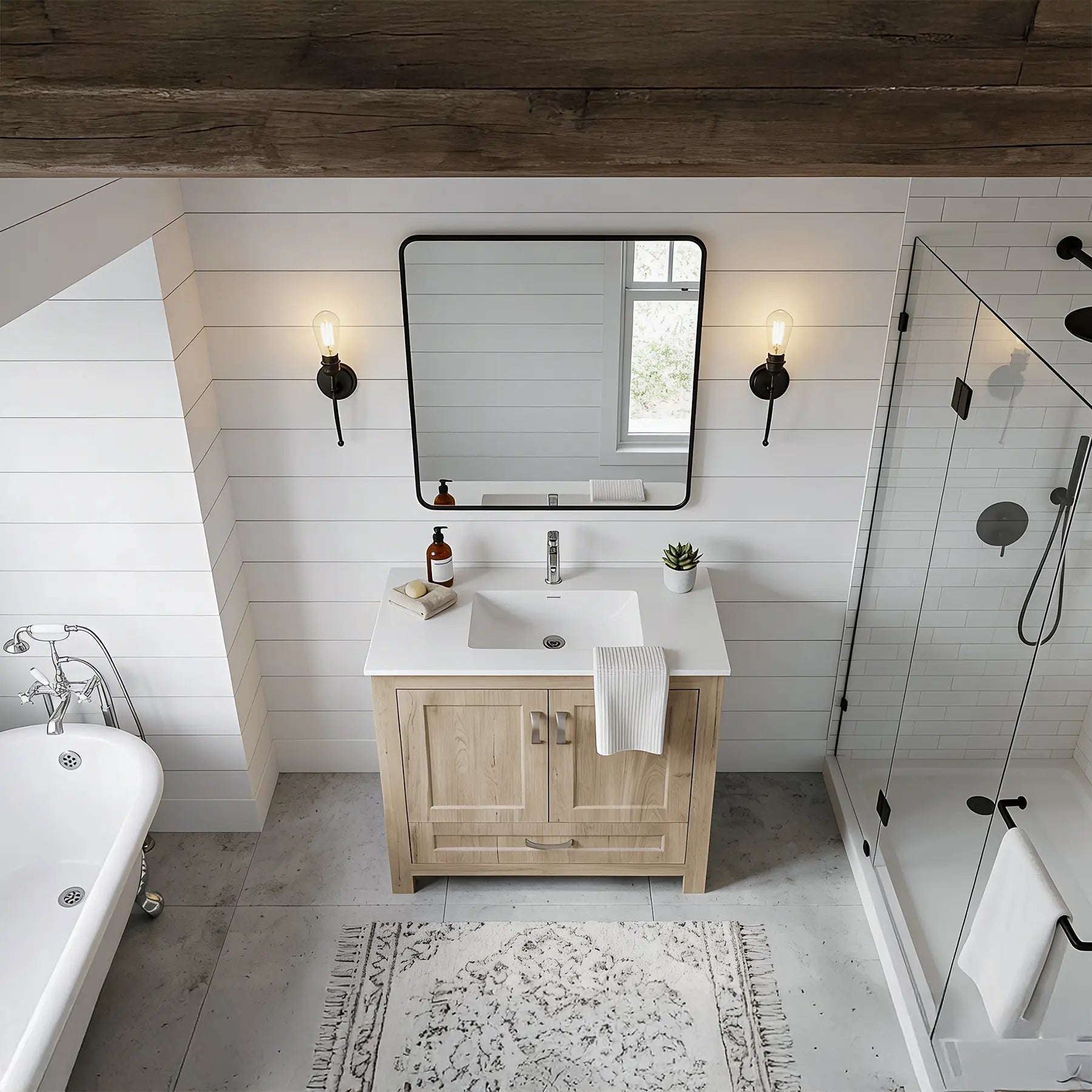 Modern bathroom with wooden vanity, mirror, and shower