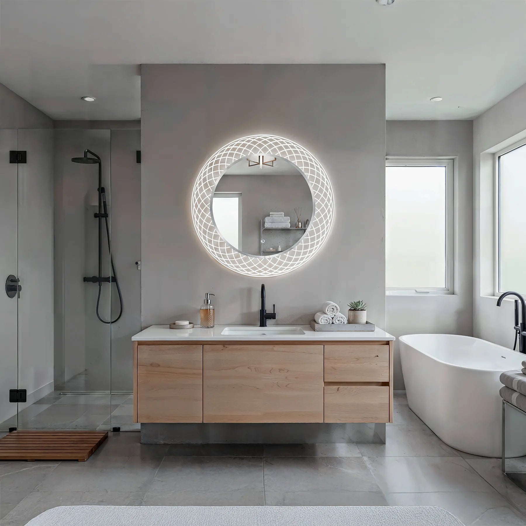 Modern bathroom with wooden vanity, round illuminated mirror, and freestanding bathtub.