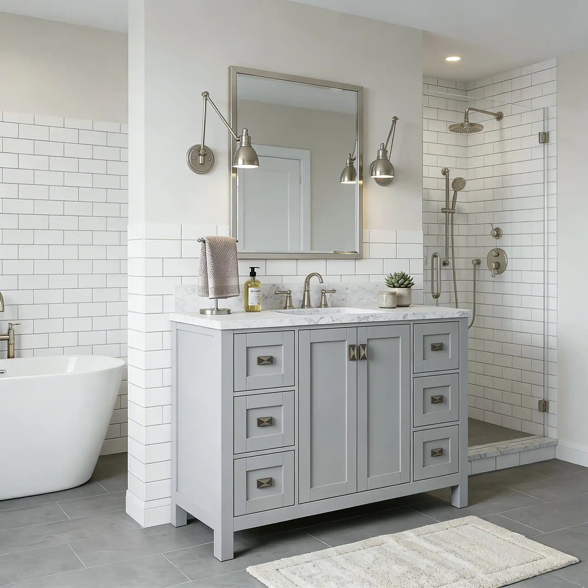 Bathroom with gray vanity, white countertop, and tiled walls.