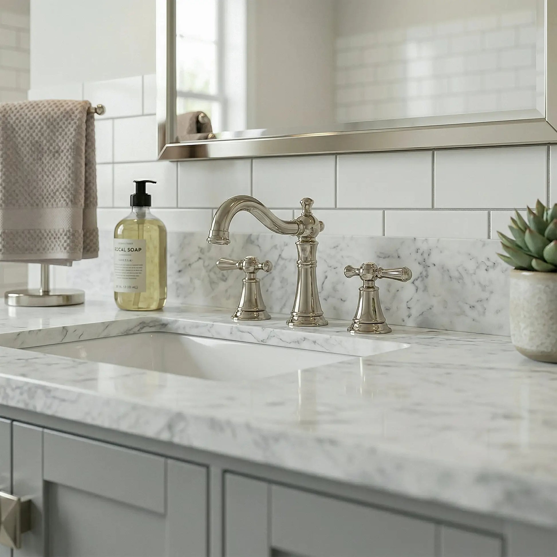 Bathroom sink with marble countertop, faucet, and decorative elements.