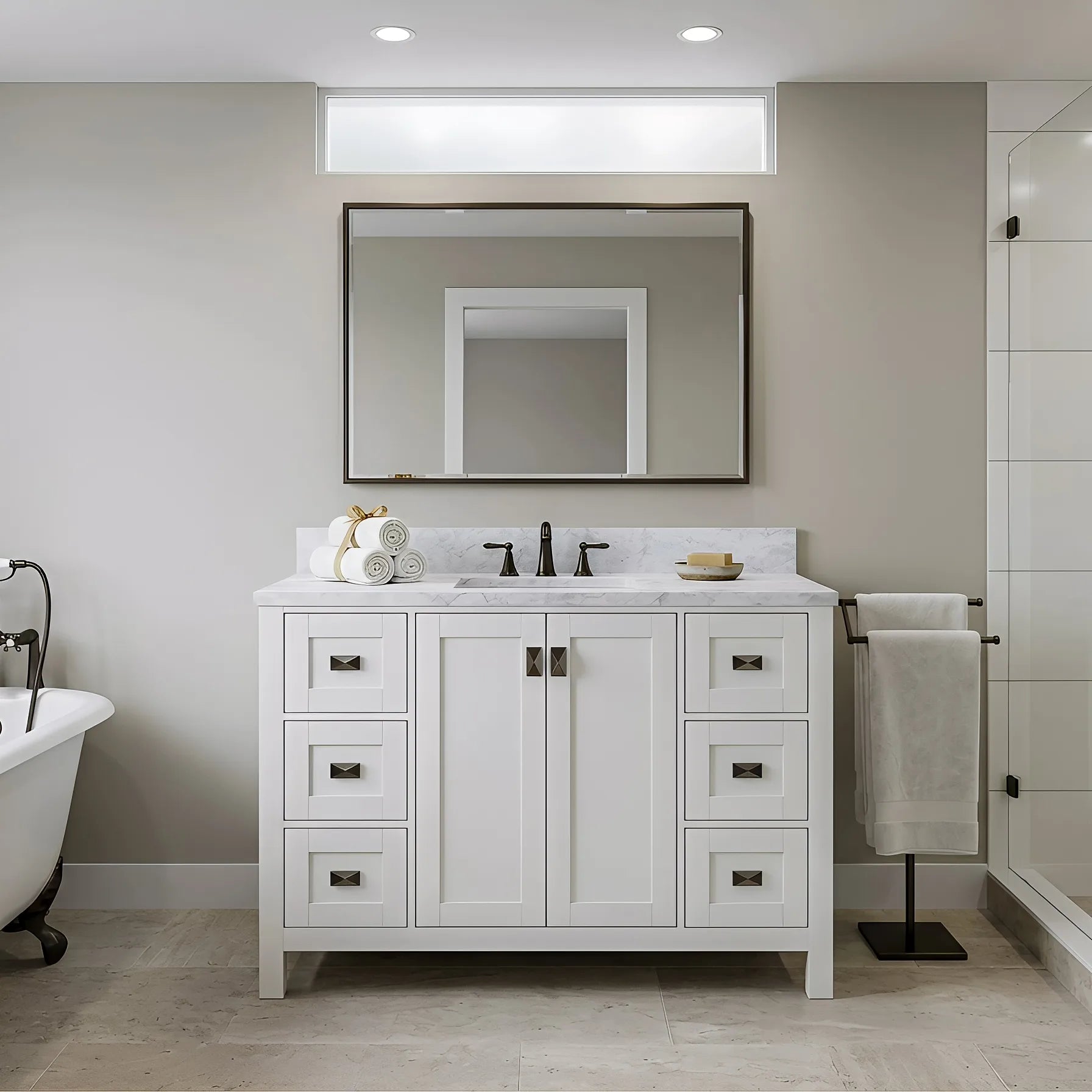 Maison 48" W x 22" D x 36" H Bathroom Vanities and White Carrara Marble Vanity Top with Rectangular Undermount Bowls