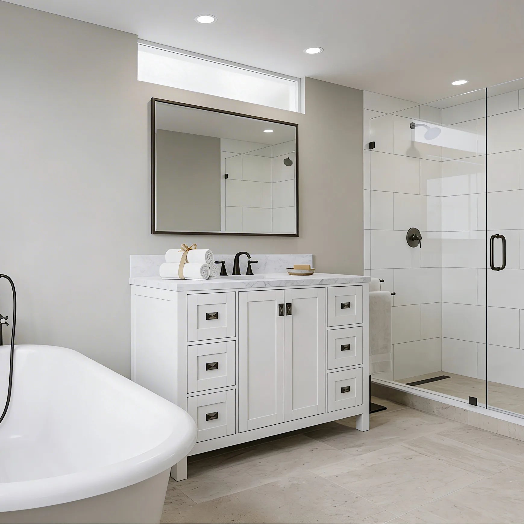 Modern bathroom with white vanity, bathtub, and shower area.