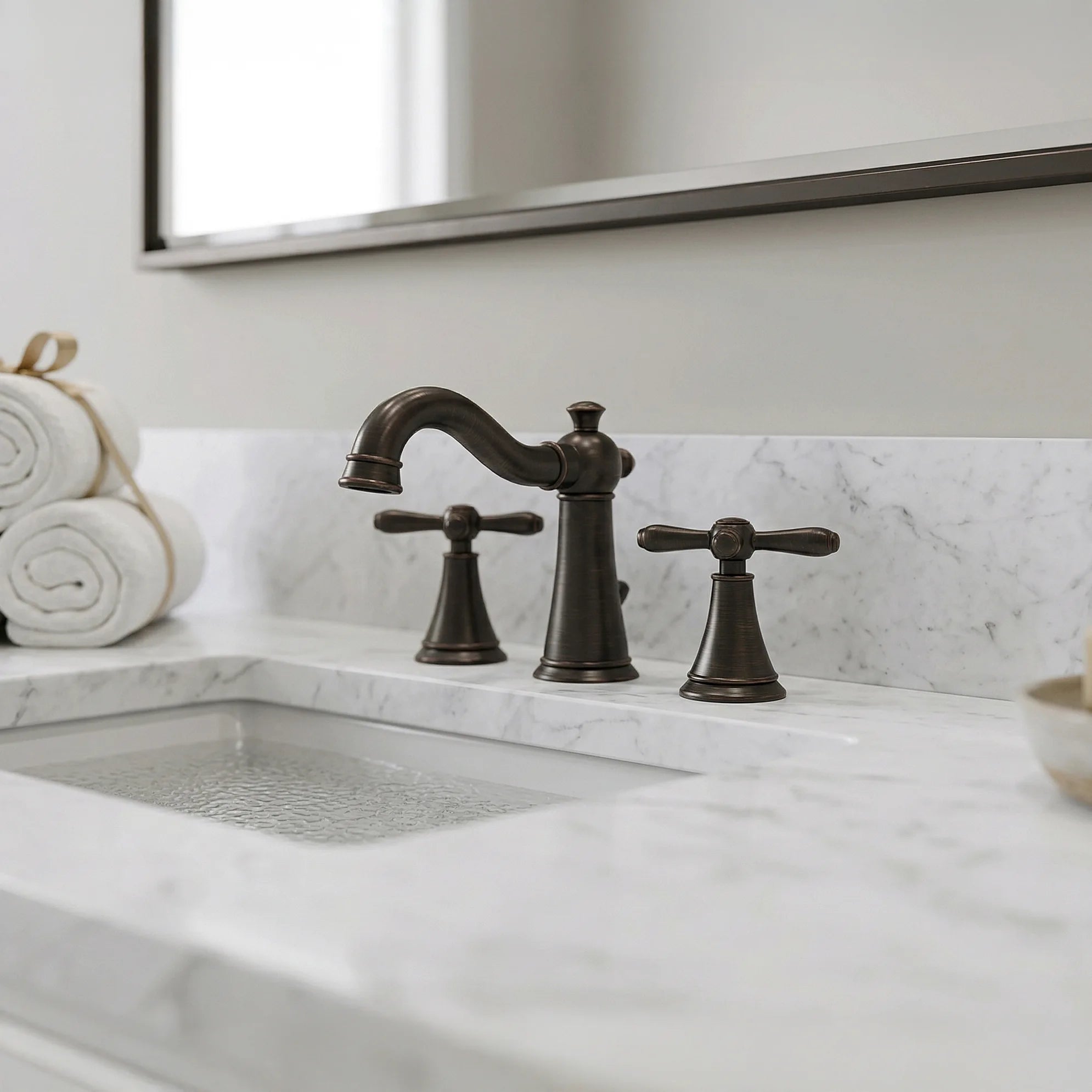 Bronze faucet on a marble countertop with a mirror above