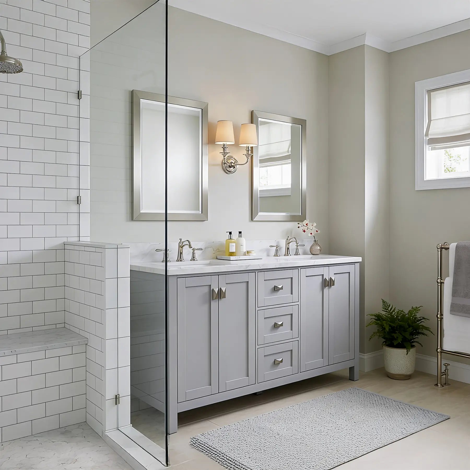Bathroom with gray vanity, mirror, and decorative elements.