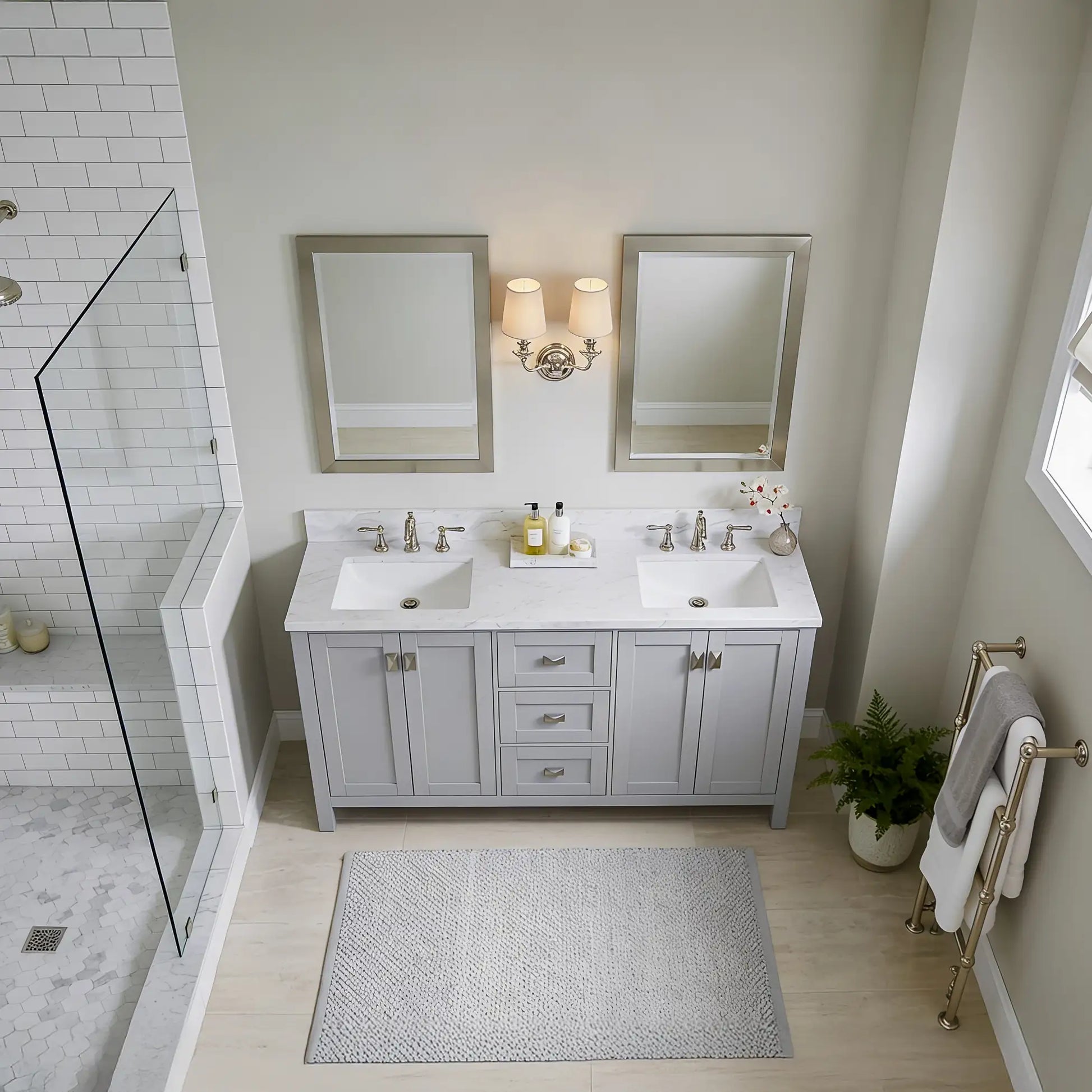 Bathroom with double vanity, mirrors, and decorative elements.