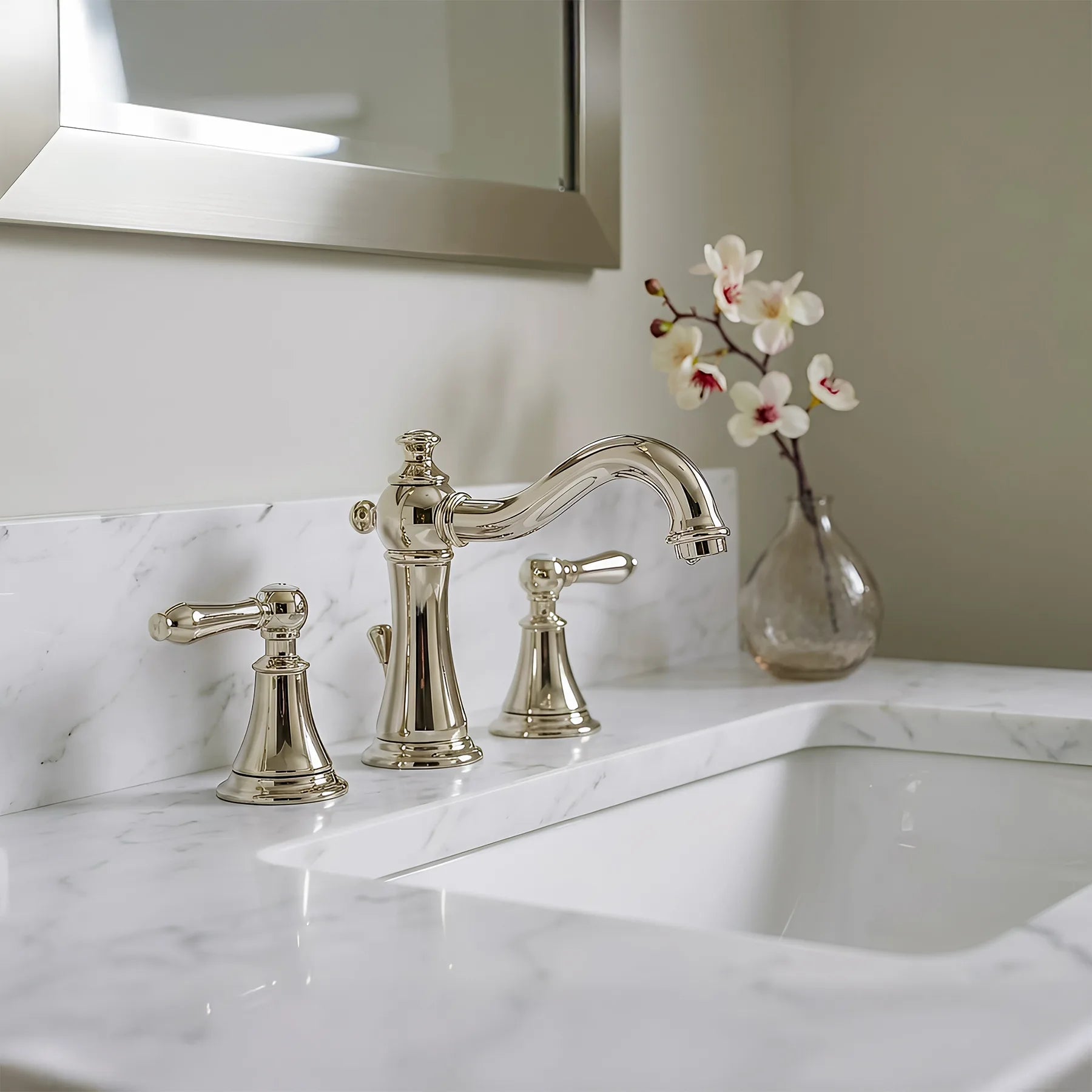 Bathroom sink with polished chrome faucet and marble countertop