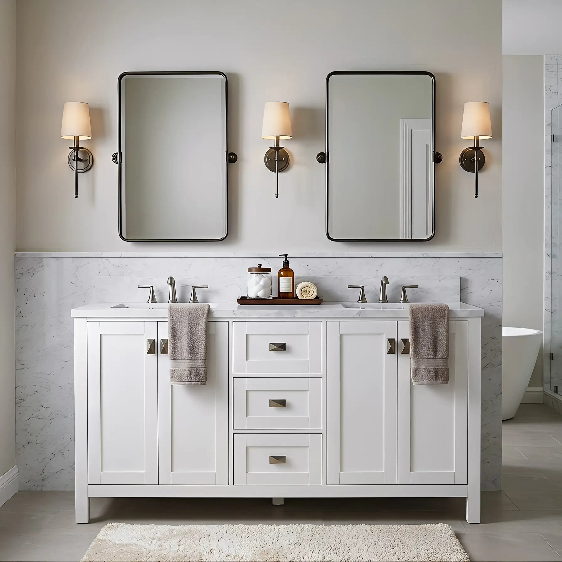 Bathroom vanity with two mirrors, lights, and toiletries on a light gray wall.