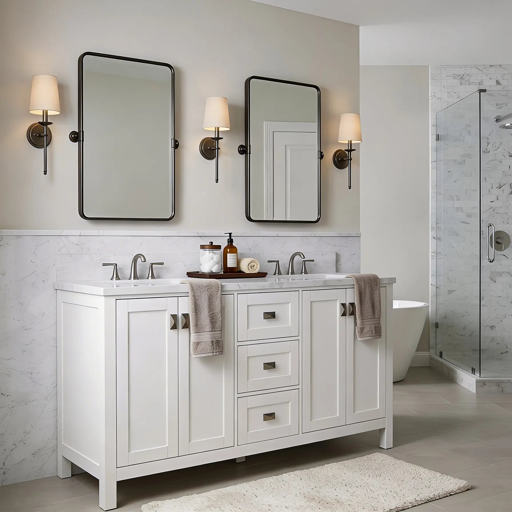Bathroom with white vanity, mirrors, and lighting fixtures.