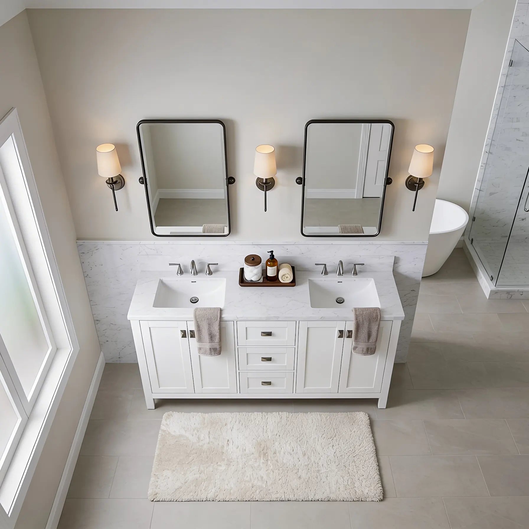 Bathroom with white vanity, mirrors, and lighting fixtures.