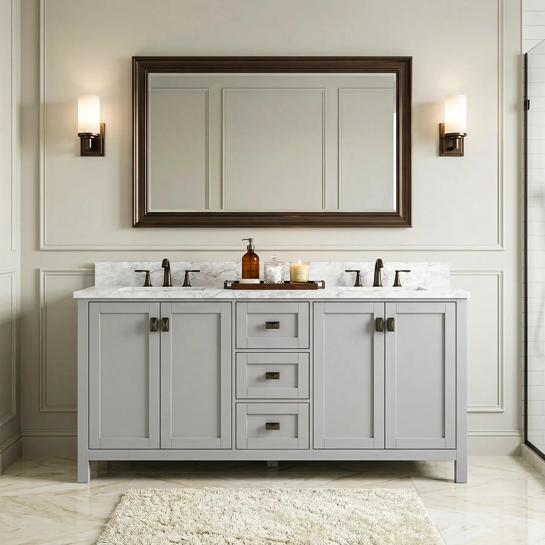 Maison 72" W x 22" D x 36" H Bathroom Vanities and White Carrara Marble Vanity Top with Rectangular Undermount Bowls