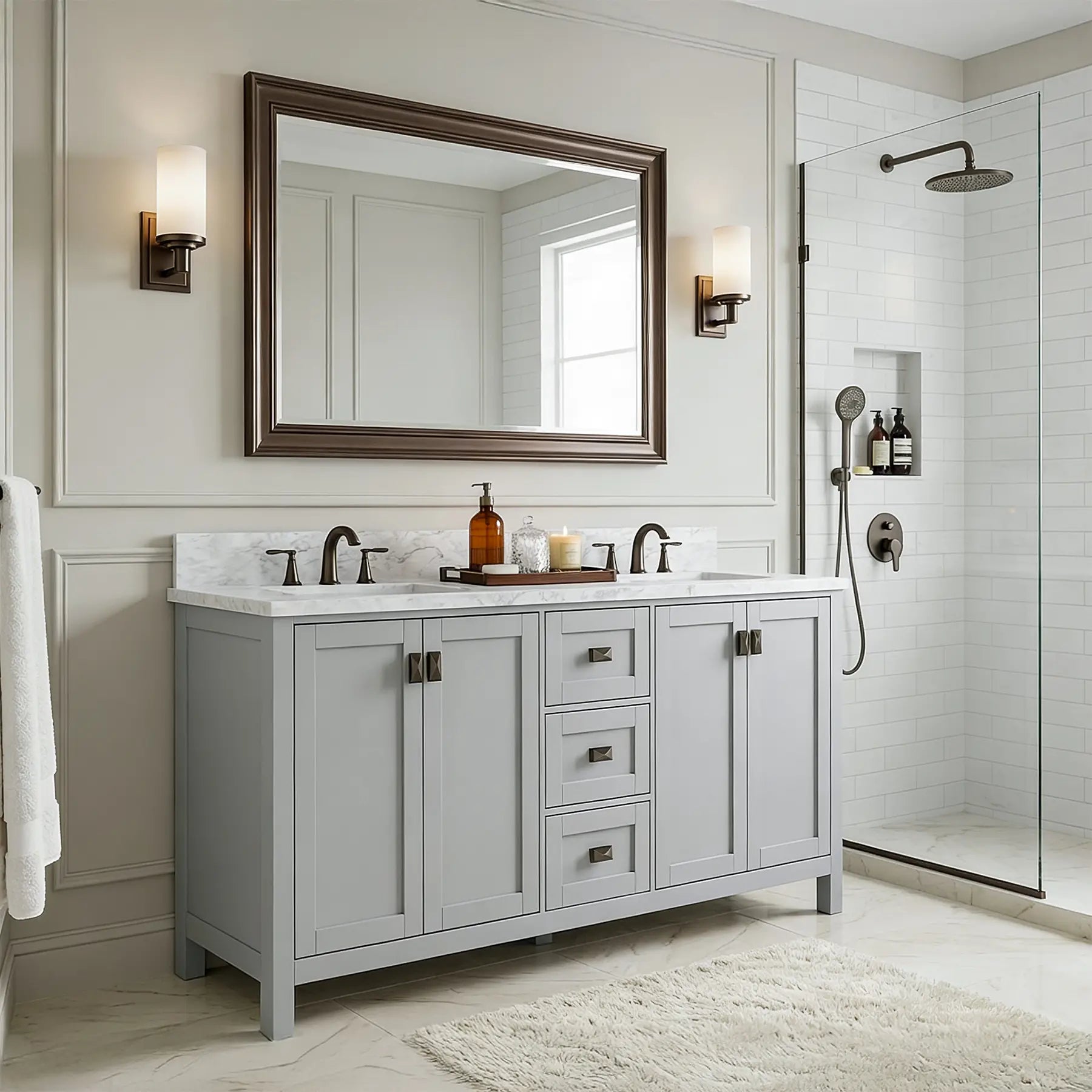 Maison 72" W x 22" D x 36" H Bathroom Vanities and White Carrara Marble Vanity Top with Rectangular Undermount Bowls