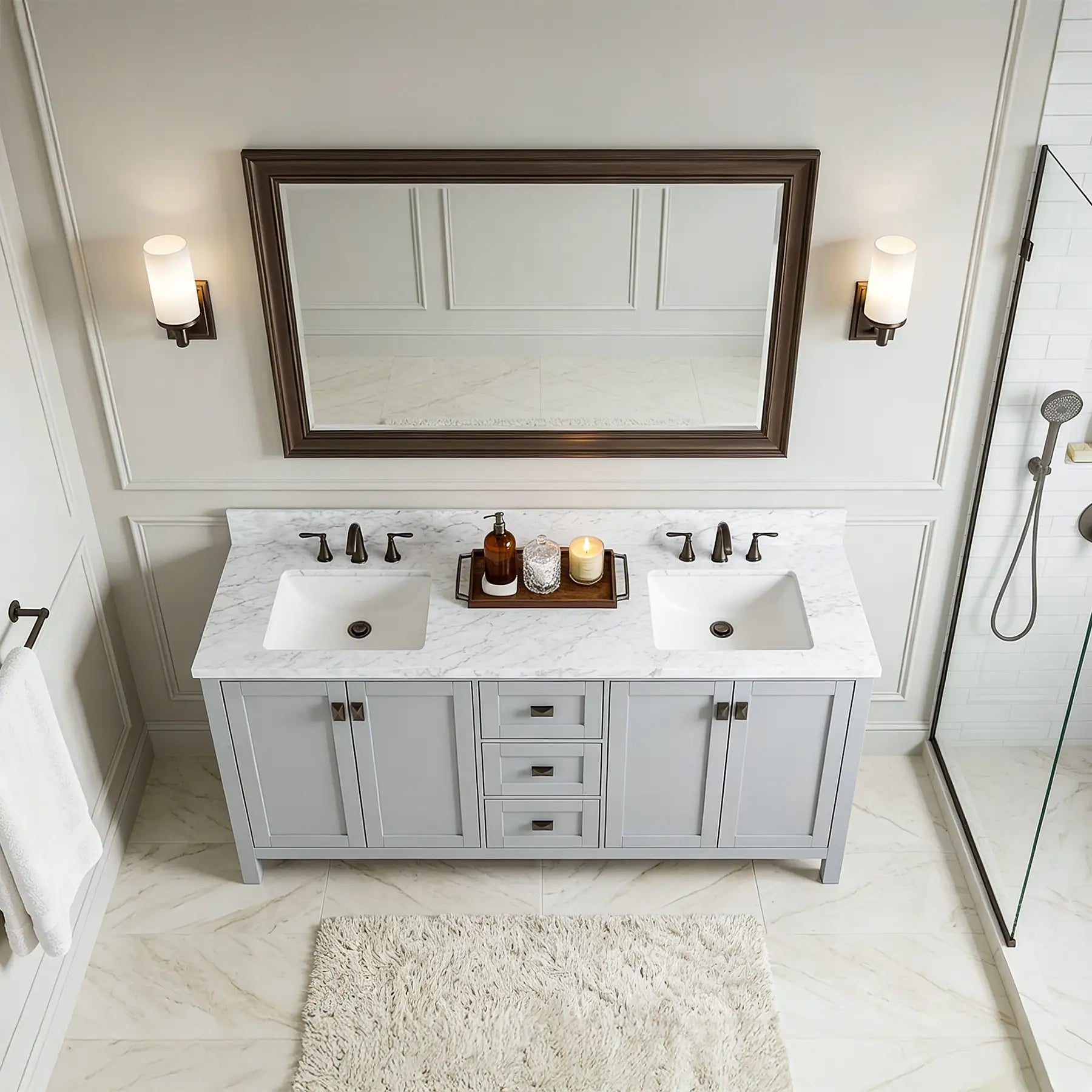 Maison 72" W x 22" D x 36" H Bathroom Vanities and White Carrara Marble Vanity Top with Rectangular Undermount Bowls