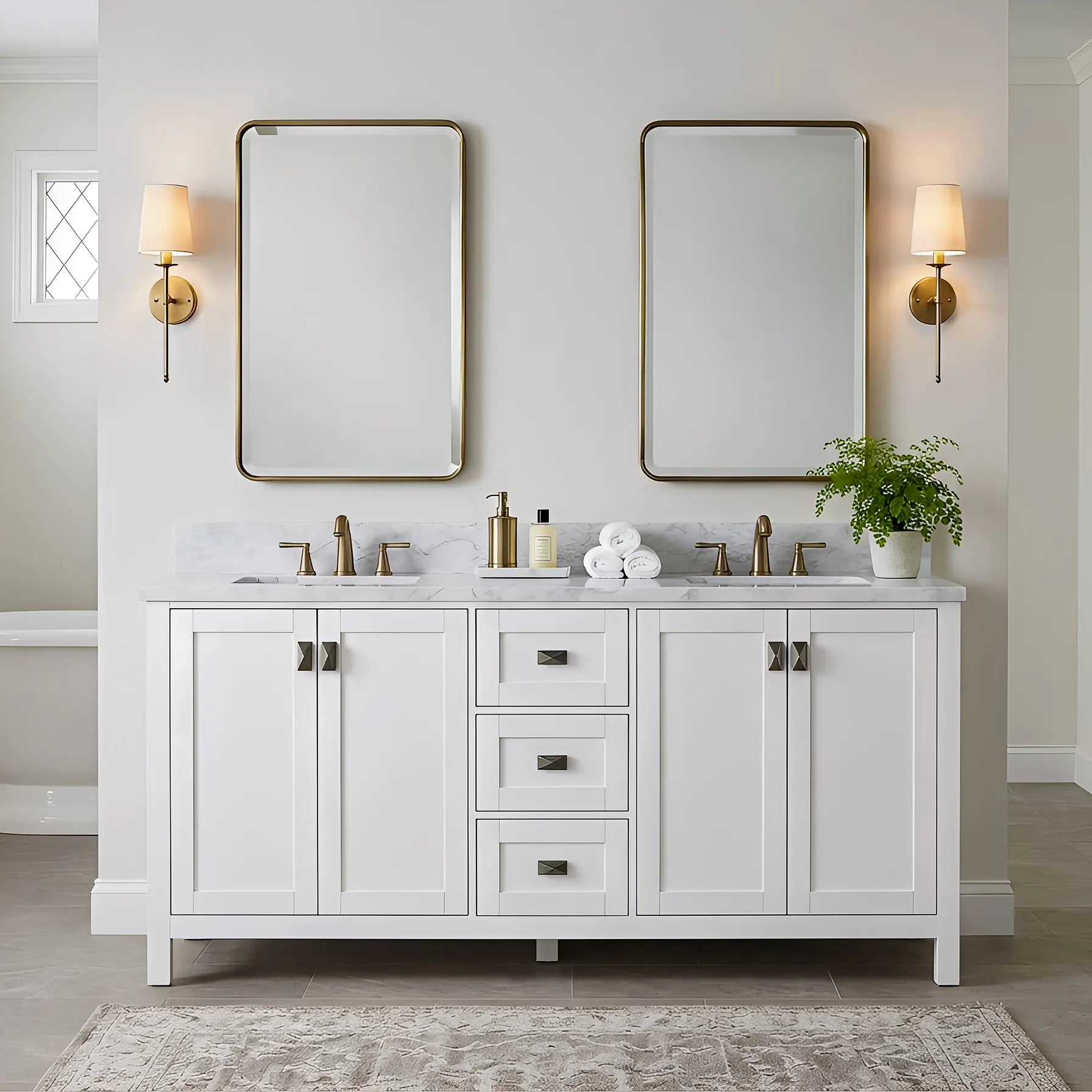 Bathroom vanity with two mirrors, lights, and a plant.