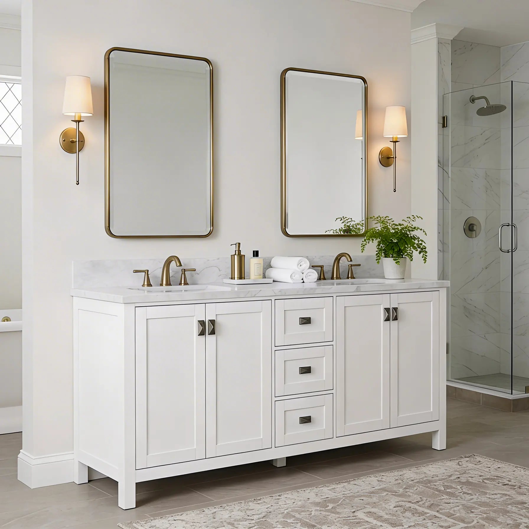 Bathroom vanity with two mirrors, lights, and a plant in a well-lit bathroom.