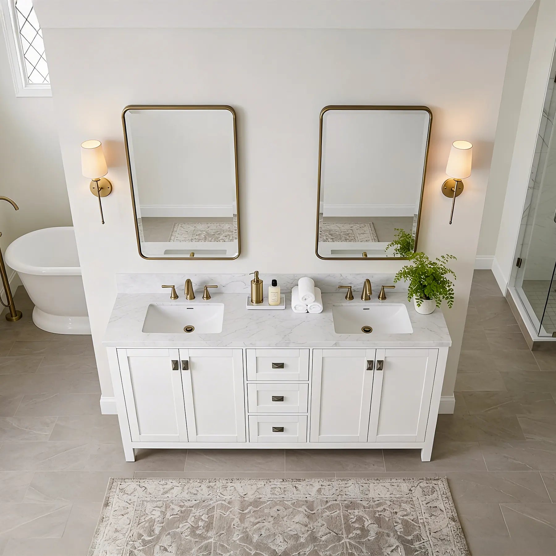 Bathroom with double vanity, mirrors, and decorative elements.