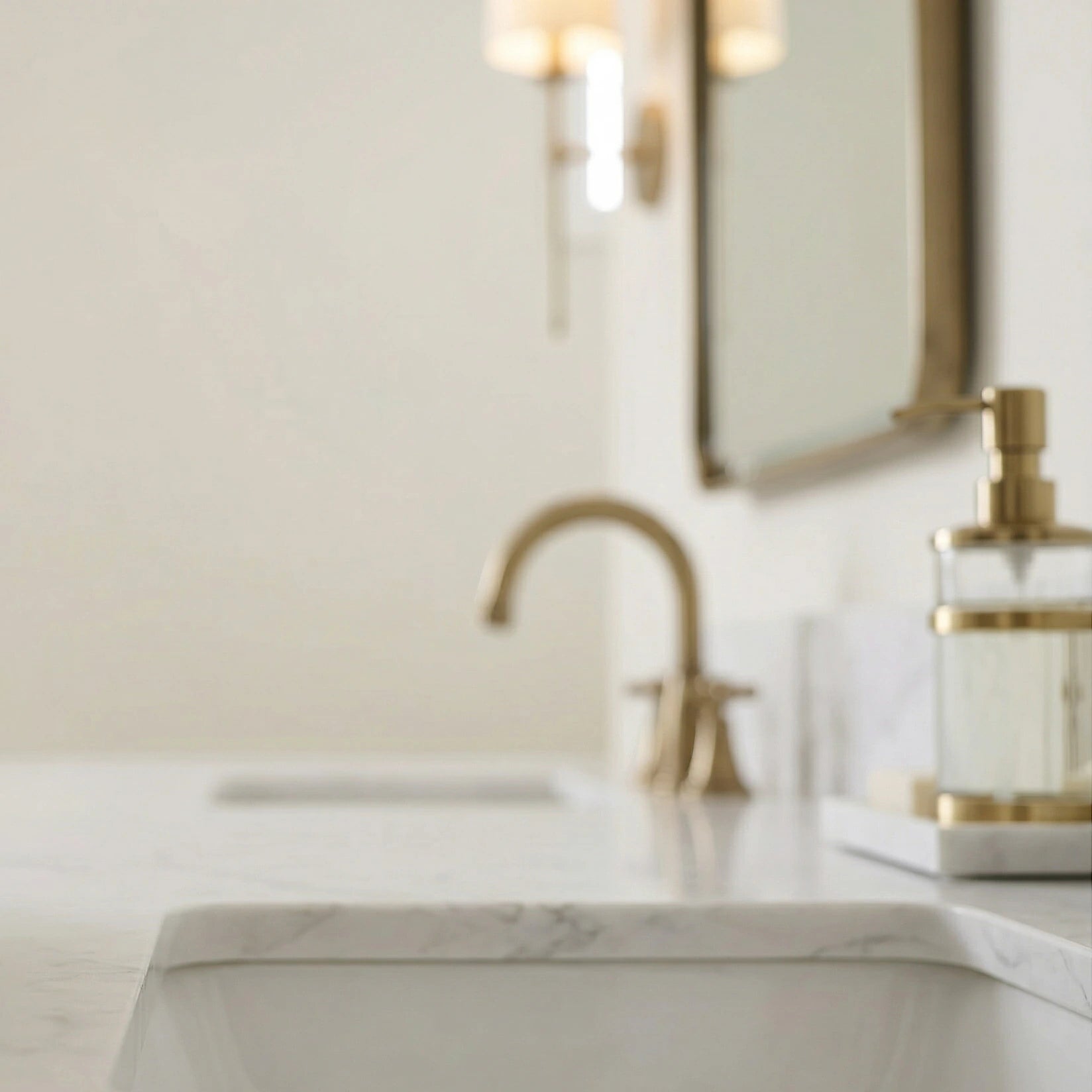 Bathroom vanity with marble countertop, gold faucet, and decorative items.
