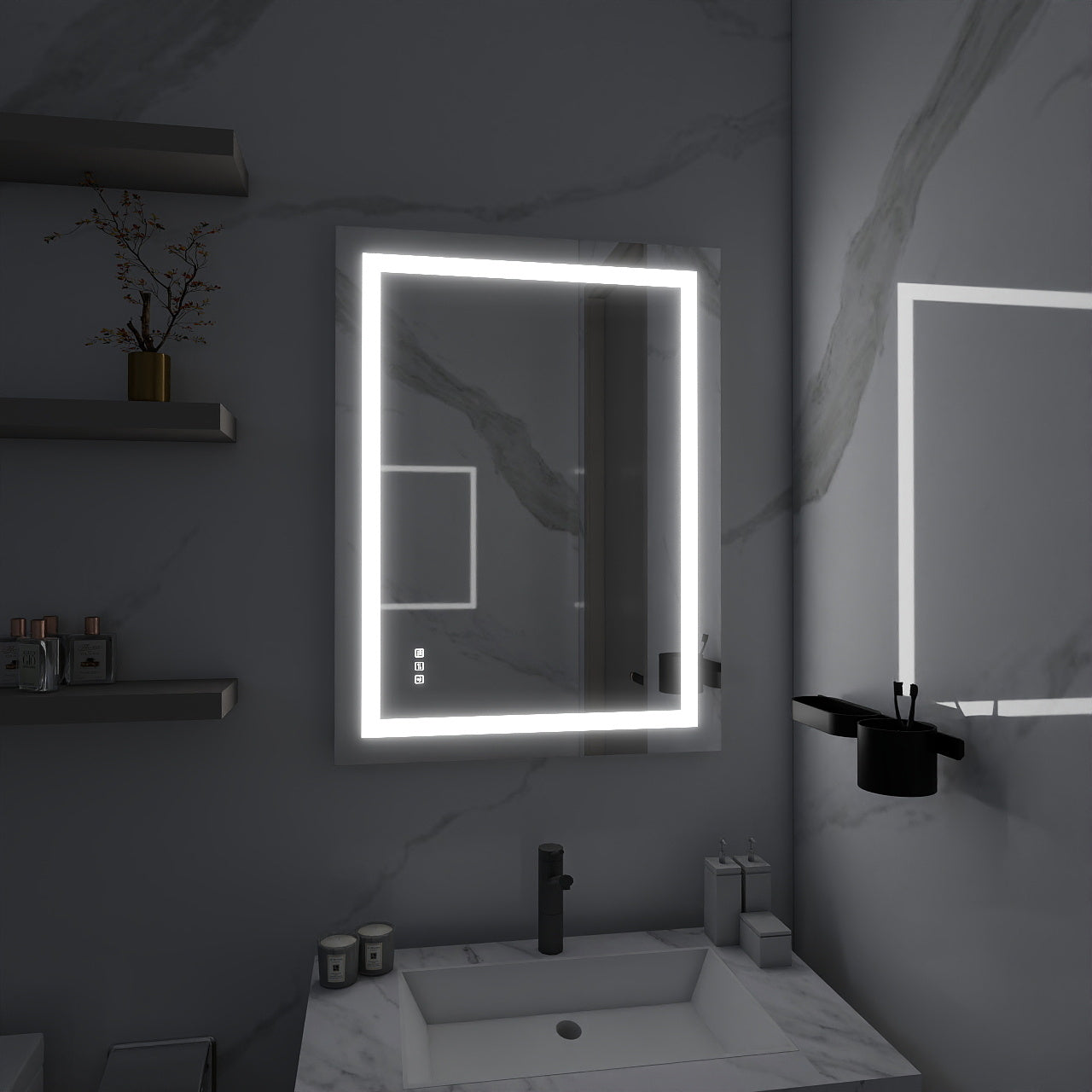 Mariana LED mirror in the dark in a new set up bathroom with lighted LED lights.