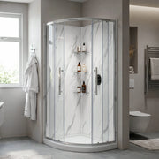 Bathroom with a corner shower enclosure, bathrobe, and toiletries.