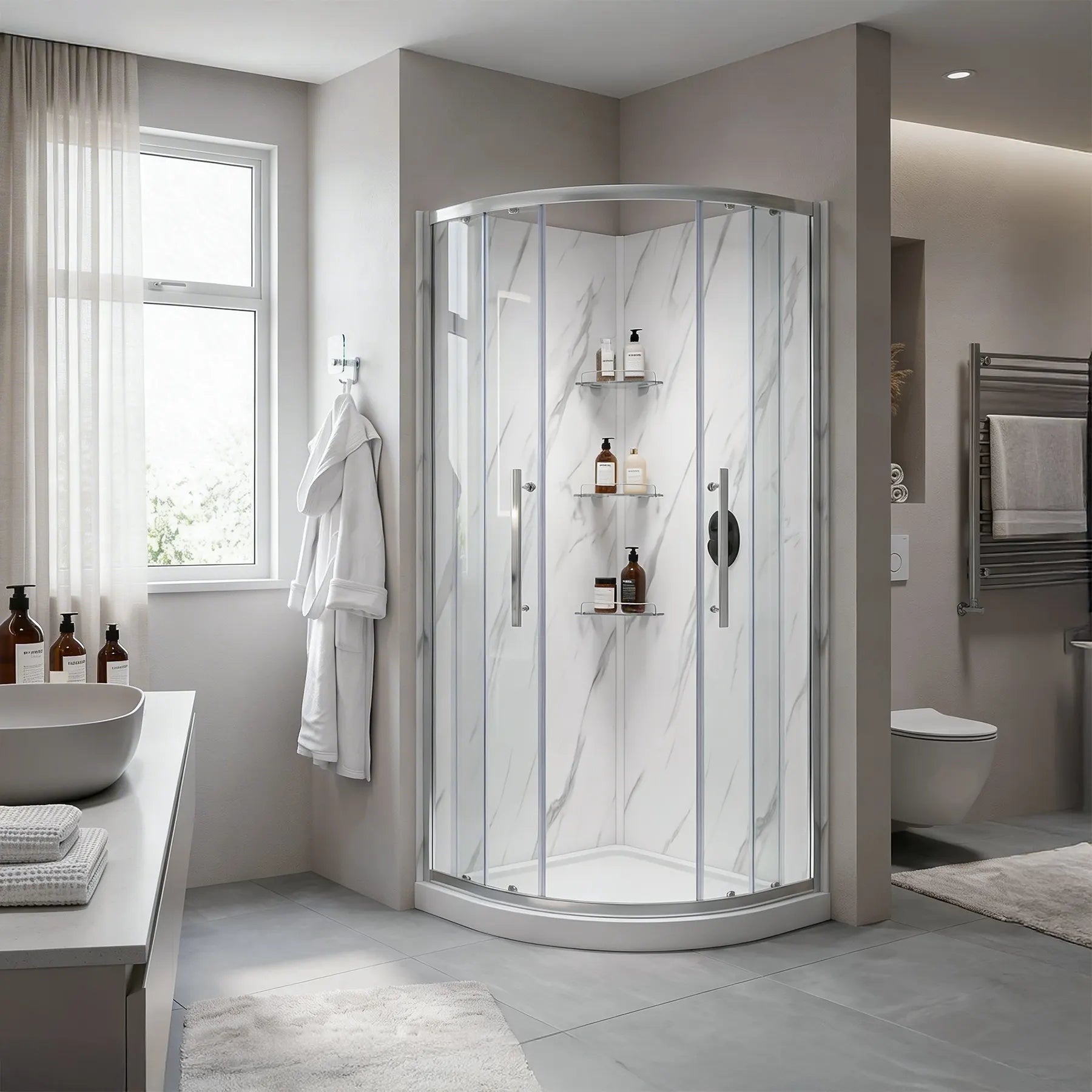 Bathroom with a corner shower enclosure, sink, and window.