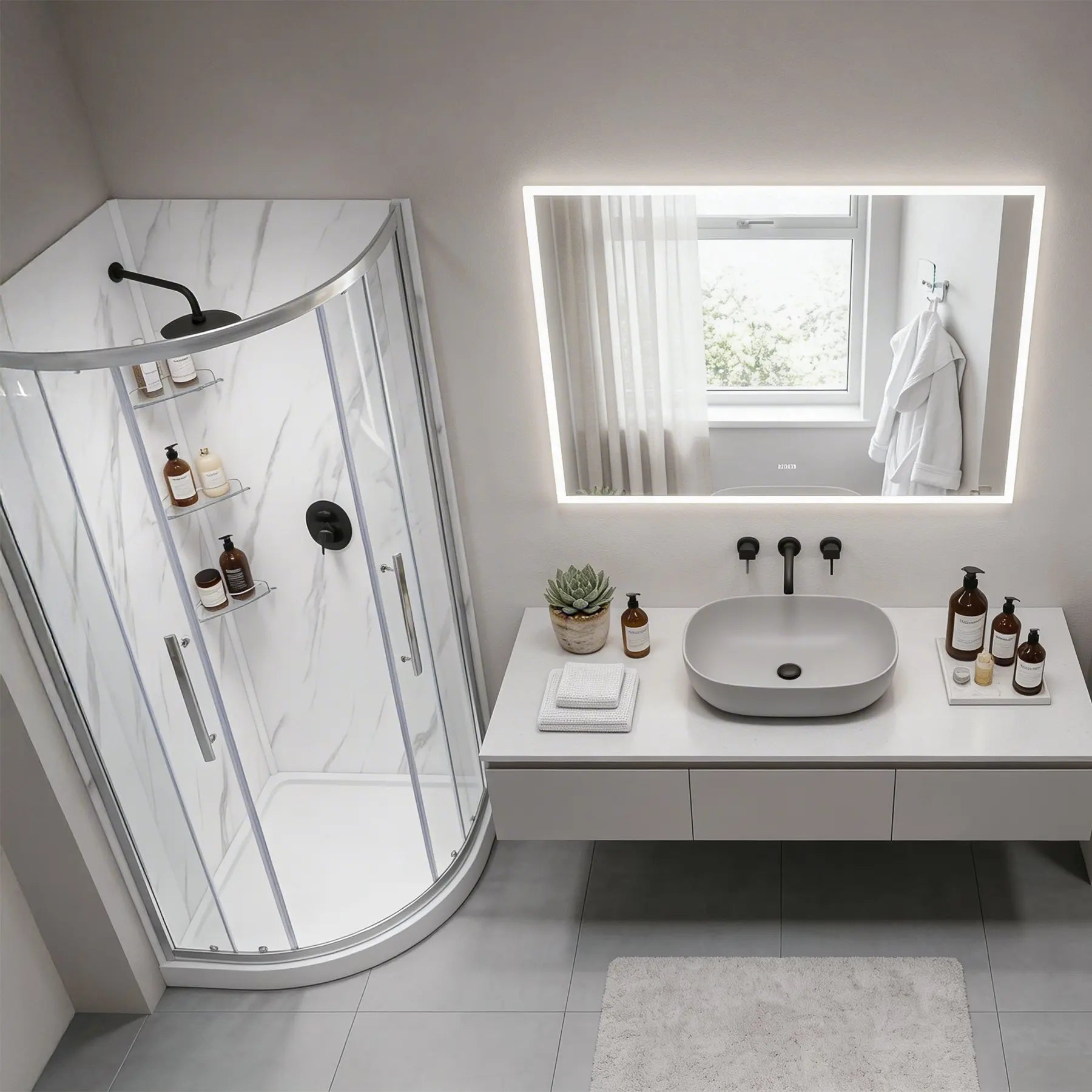 Modern bathroom with shower, sink, and mirror