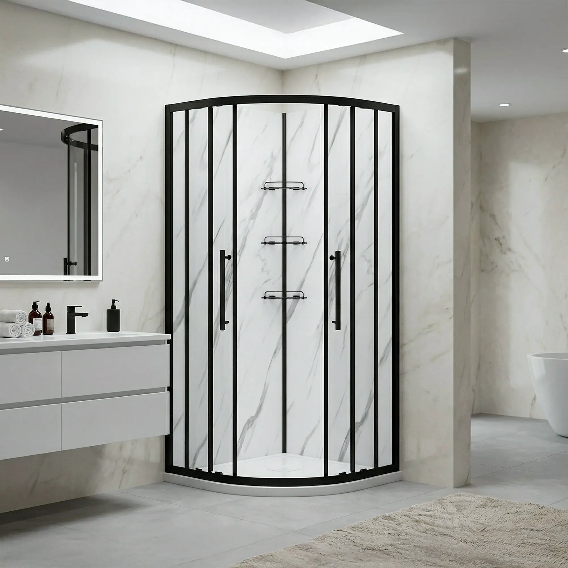 Bathroom with a corner shower enclosure, sink, and mirror.