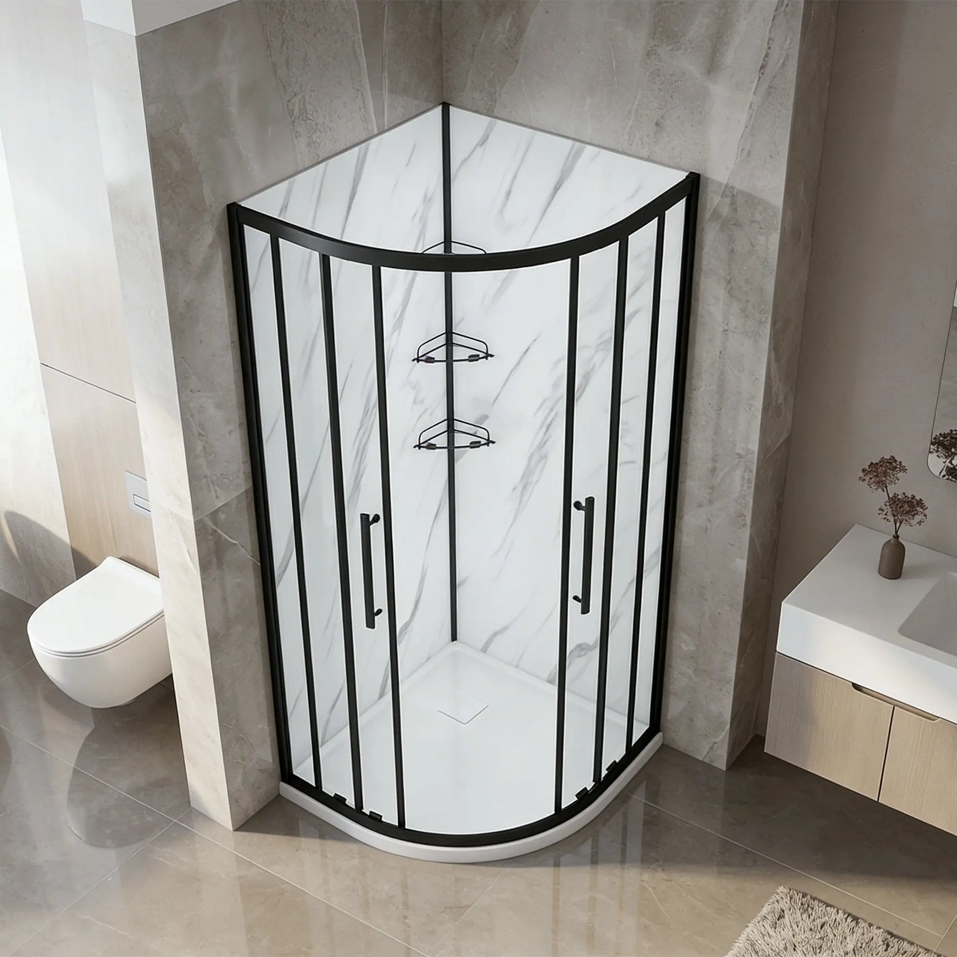 Corner shower enclosure with black frame in a bathroom setting