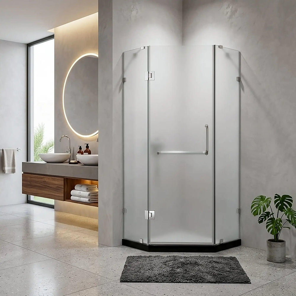 Dreamwerks - Shower Door - Dreamwerks 36 in. W x 79 in. H Frameless Neo-Angle Hinged Shower Door (Left) in Chrome with Handle - Frosted Glass- BT6318SLF