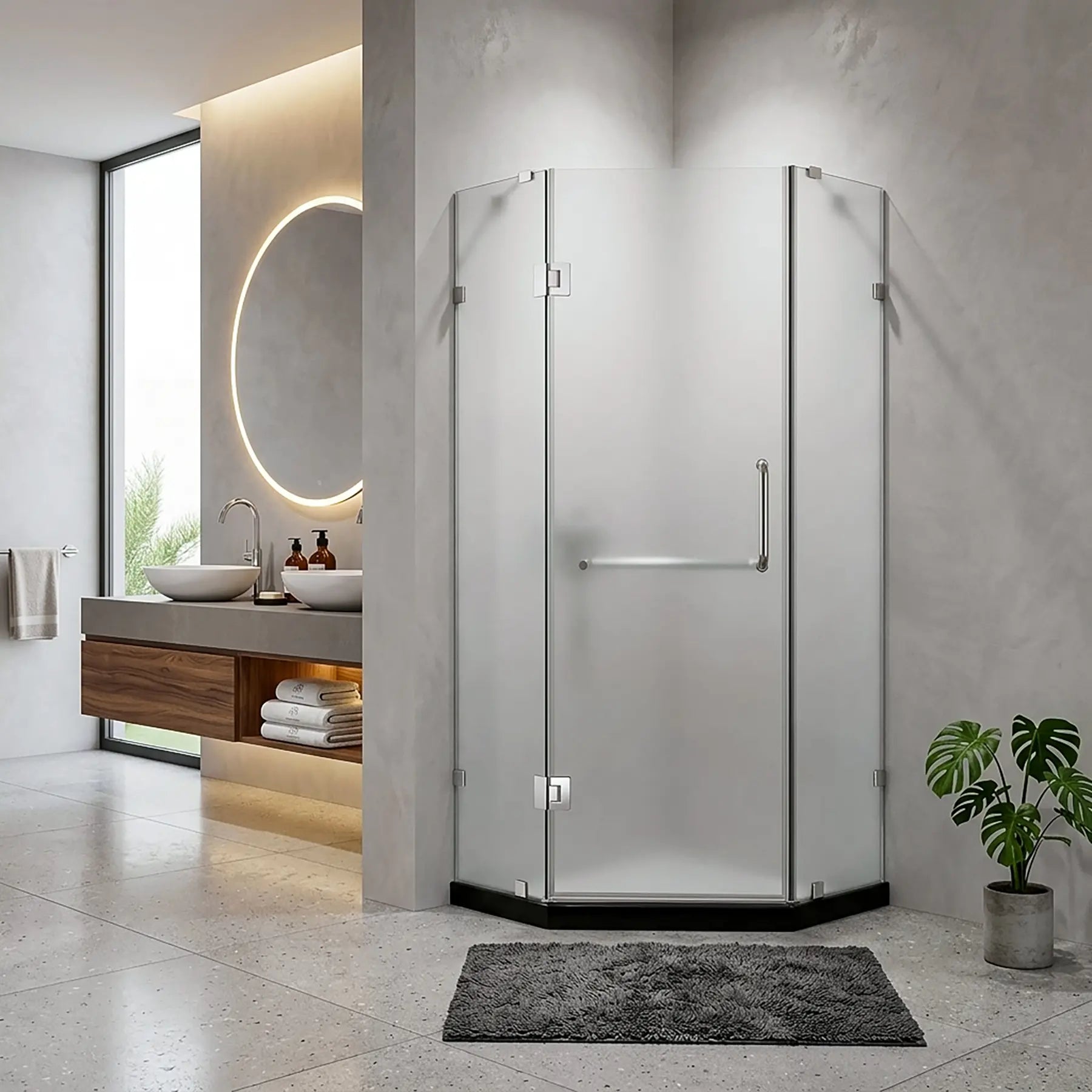 Modern bathroom with a dreamwerks frosted glass neo-angle shower door enclosure, sink, and plant.