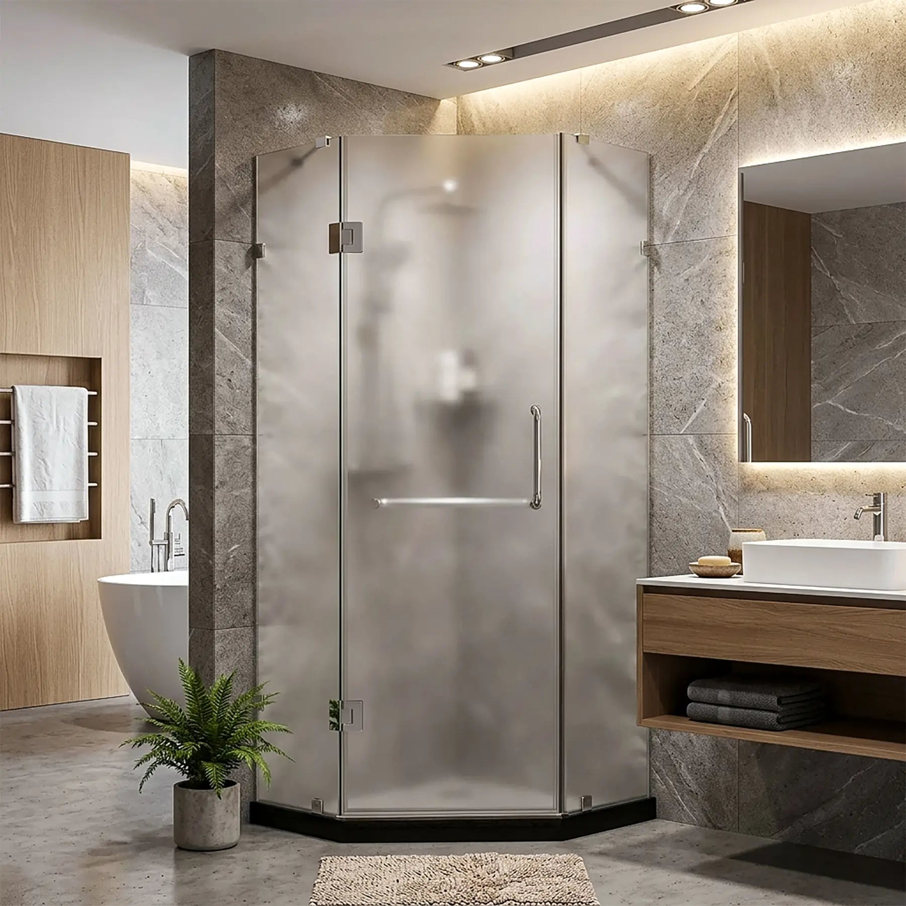 Modern bathroom with a dreamwerks frosted glass neo-angle shower door enclosure, sink, and plant.