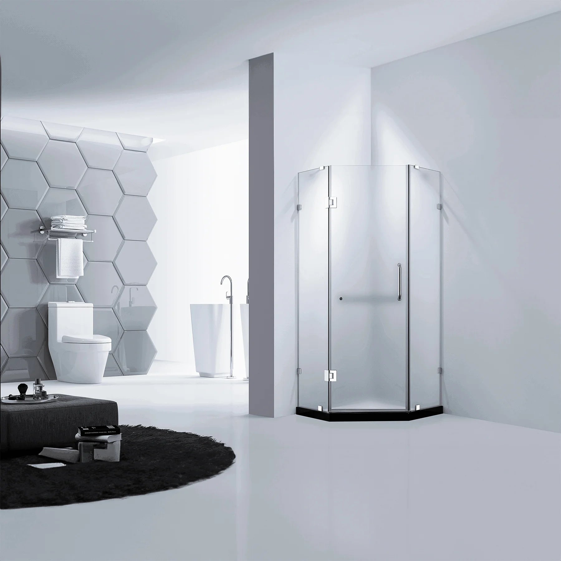 Modern bathroom with a dreamwerks frosted glass neo-angle shower door enclosure, sink, and plant.