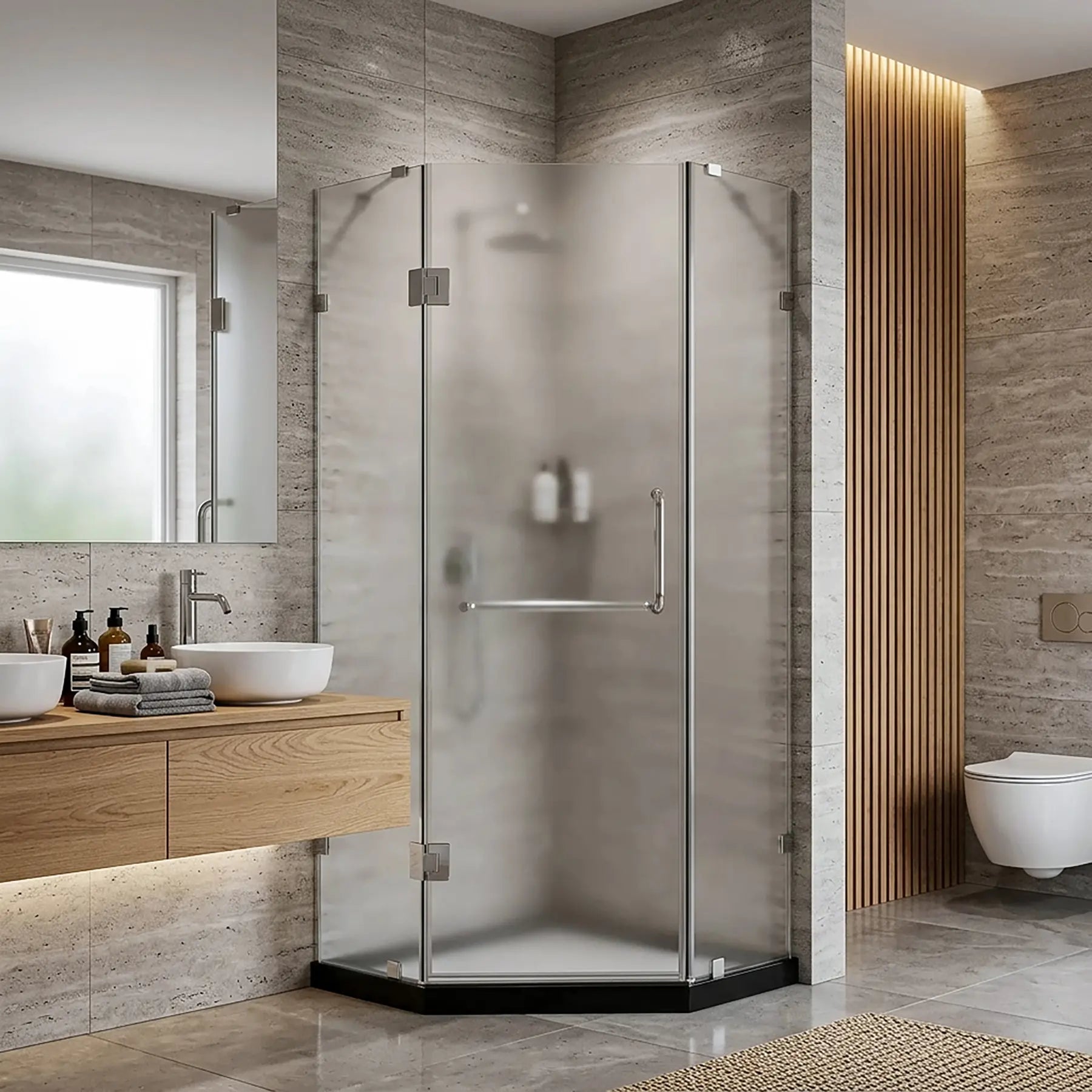 Modern bathroom with a dreamwerks frosted glass neo-angle shower door enclosure, sink, and plant.
